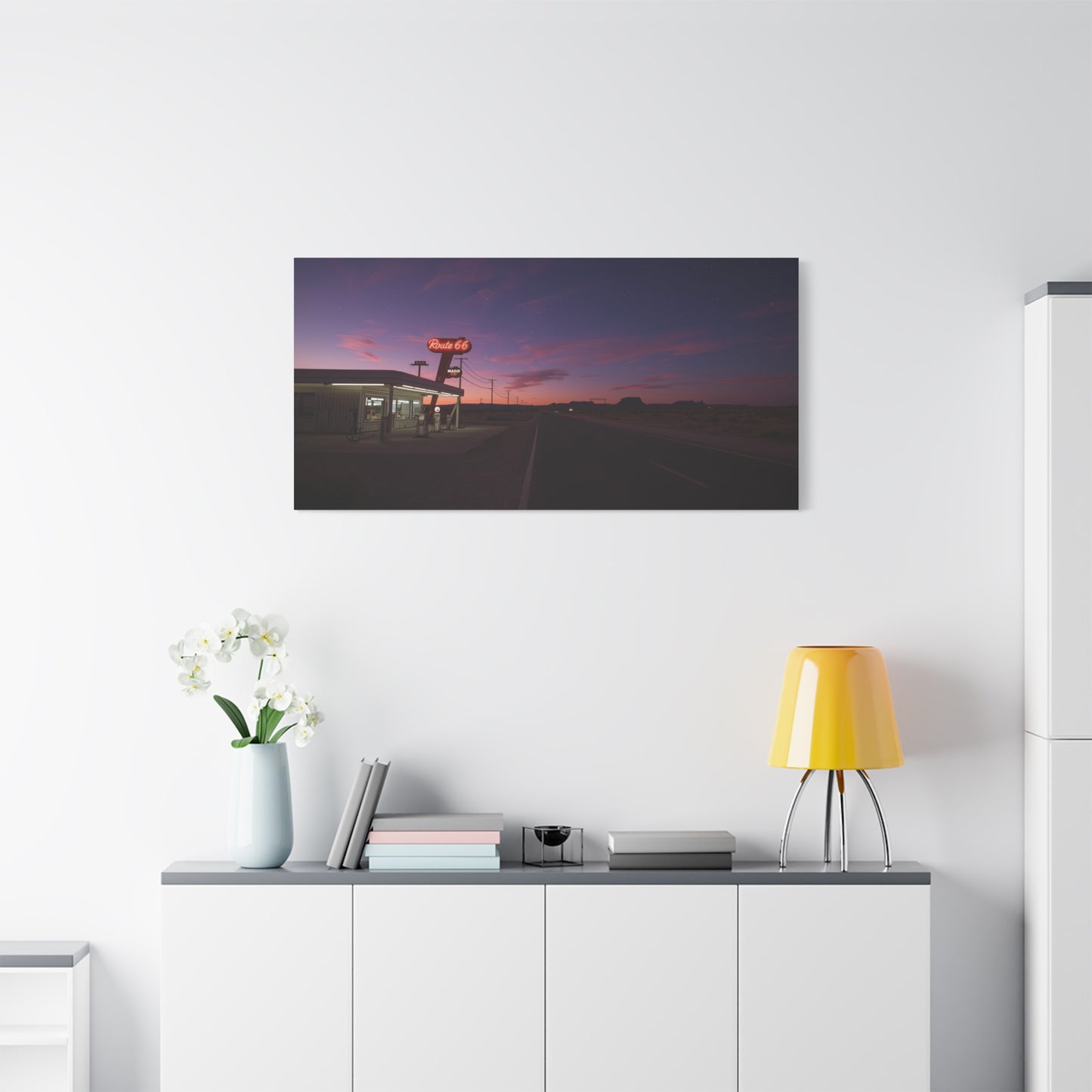 "Route 66" Desert Gas Station Canvas Wall Art - Twilight Roadside Art Print - Purple Pink Sunset Sky, Retro Americana Style - Living Room Wall Decor, Office Art - Bedroom Home Decoration