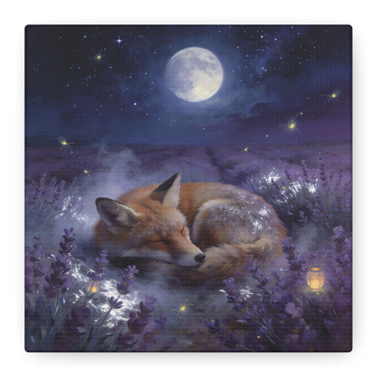 Sleeping Red Fox Canvas Wall Art - Moonlit Lavender Field, Fireflies, Starry Night Sky - Dreamy Woodland Animal Print - Matte Finish Canvas - Bedroom Wall Decor, Nursery Accent - Cozy Reading Nook Art