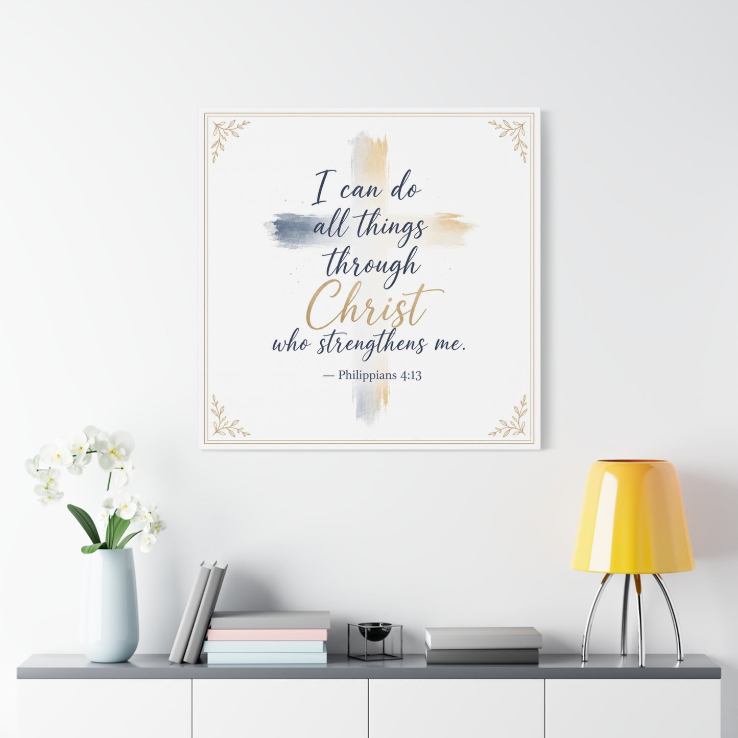 "I Can Do All Things Through Christ Who Strengthens Me. - Philippians 4:13" Christian Canvas Wall Art - Blue And Gold Scripture Quote Print - Traditional Typography - Bedroom Decor - Office Wall Art