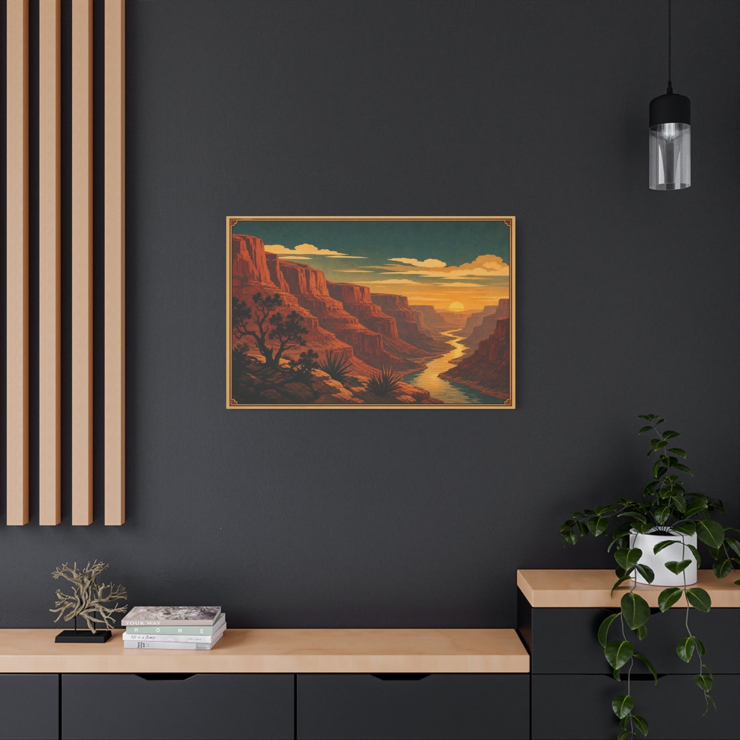 Desert Canyon Sunset Canvas Wall Art - Southwestern River Landscape Print, Vintage Travel Style - Golden Sky, Rustic Home Decor, Living Room Decoration - Ready to Hang - Living Room Wall Decor