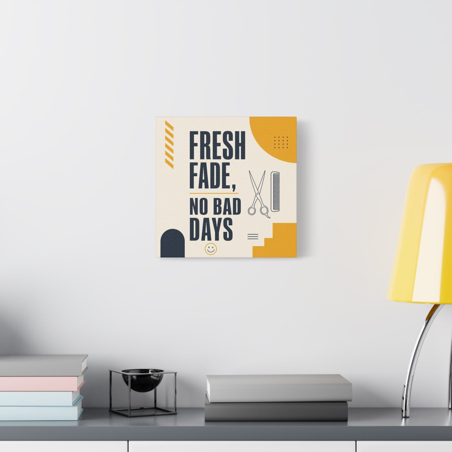 "Fresh Fade, No Bad Days" Barber Shop Canvas Wall Art - Scissors And Comb Typography Print - Modern Yellow Black Salon Decor - Workspace Wall Decor, Lobby Wall Art Accent - Gallery Wrapped Canvas