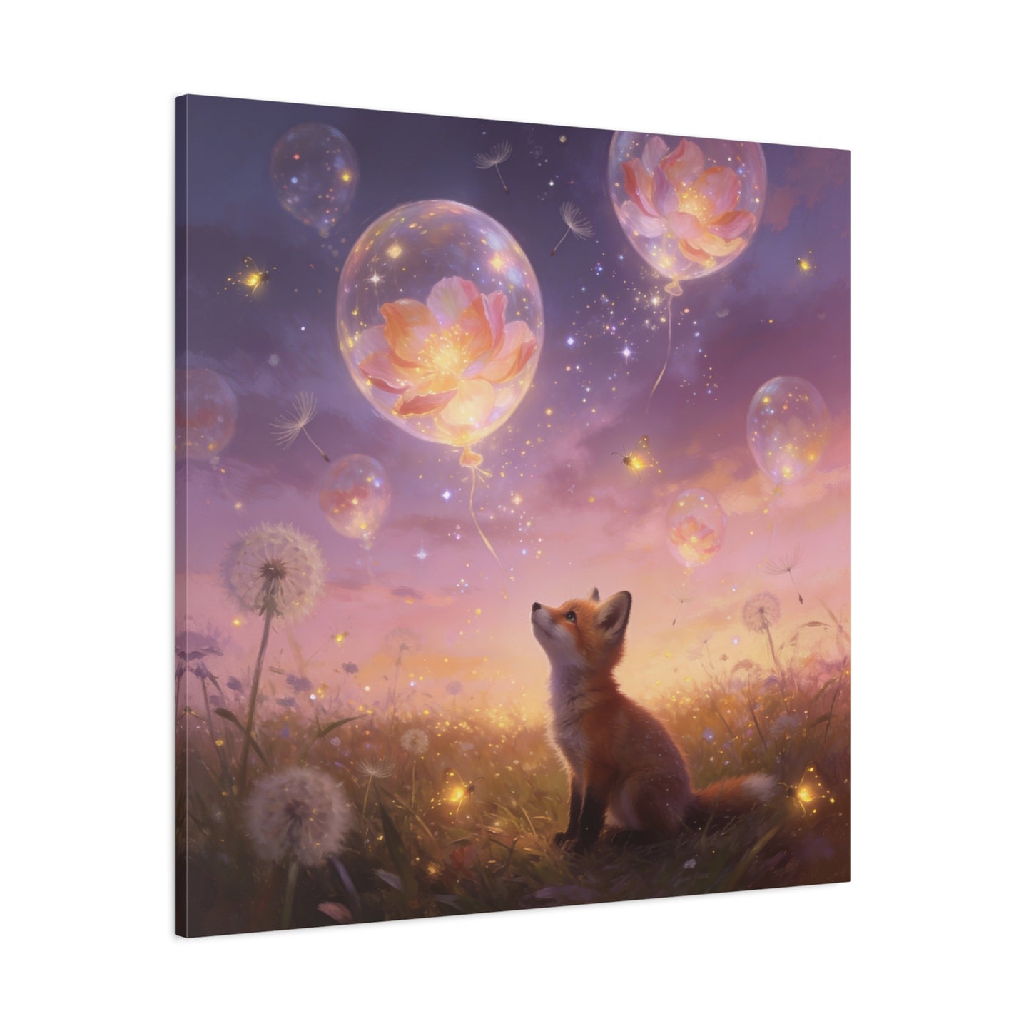 Fox Canvas Wall Art - Whimsical Fox Under Floral Balloons, Dreamy Twilight Meadow Canvas Print - Pastel Fantasy Style, Living Room Wall Decor, Bedroom Home Decoration - Bedroom Home Decoration