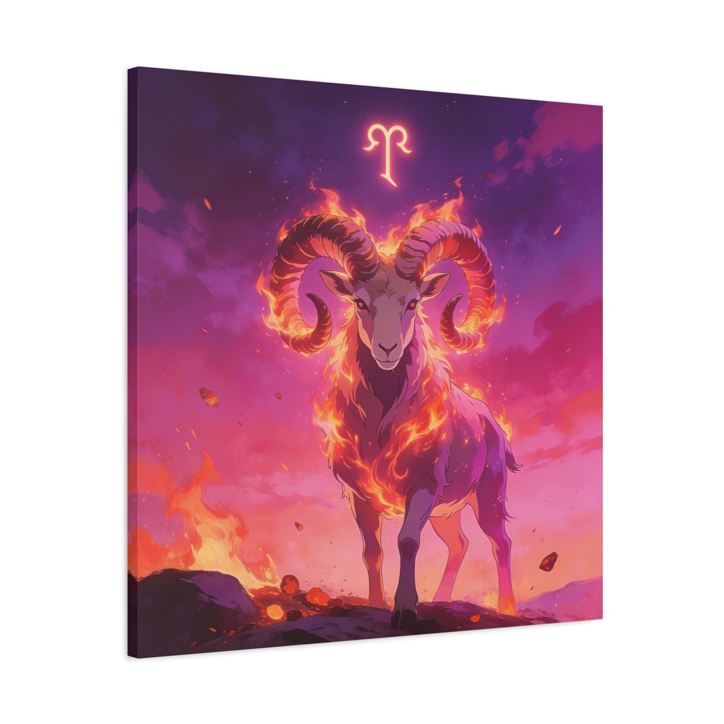 Aries Ram Canvas Wall Art - Fiery Zodiac Illustration, Purple Pink Flame Sky, Matte Canvas Print, Modern Fantasy Style, Bedroom Wall Decor, Home Office Accent, Statement Piece For Astrology Lovers