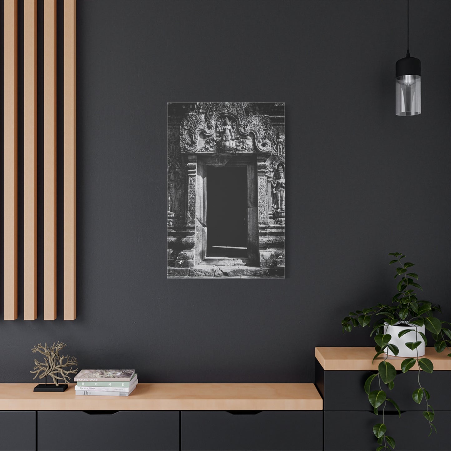 Buddhist Temple Doorway Canvas Wall Art - Black And White Stone Carving, Religious Architecture Print, Traditional Monochrome Decor - Living Room Wall Decor, Office Art - Bedroom Home Decoration