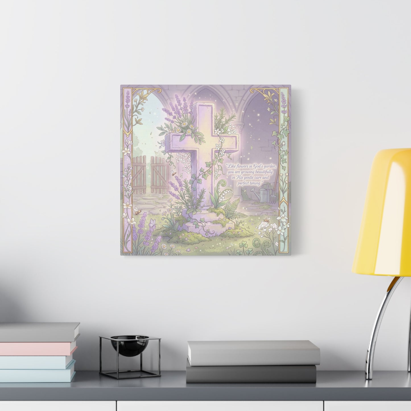 "Like Flowers In God's Garden, You Are Growing Beautifully" Christian Canvas Wall Art - Floral Cross Scripture Decor - Lavender Garden Illustration - Bedroom Home Decoration, Living Room Accent