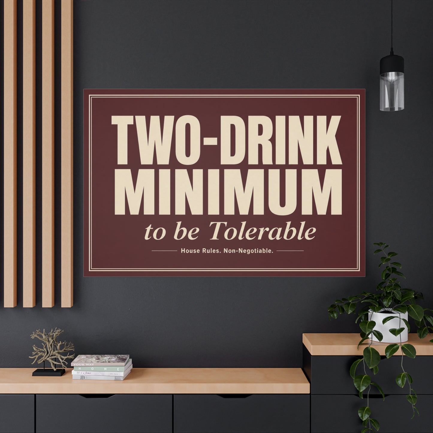 "TWO-DRINK MINIMUM to be Tolerable" Funny Typography Canvas Wall Art - Vintage Bar Quote Decor, Retro Humor Sign, Burgundy Cream Wall Hanging - Ready to Hang - Cocktail Lounge Decor - HP Latex Print