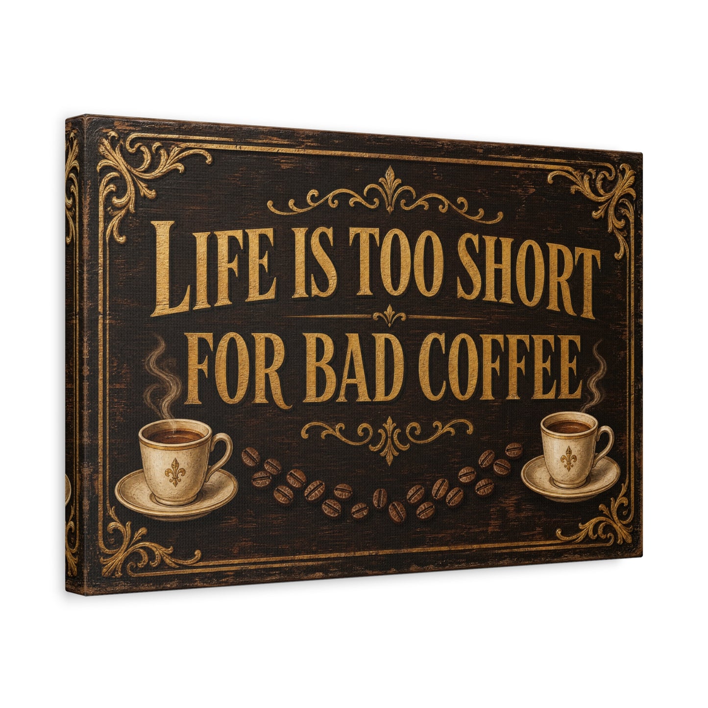 "Life Is Too Short For Bad Coffee" Canvas Wall Art - Vintage Coffee Quote Decor, Rustic Brown Typography Print, Farmhouse Cafe Wall Hanging - Ready to Hang - Bistro Decor - Espresso Bar Sign