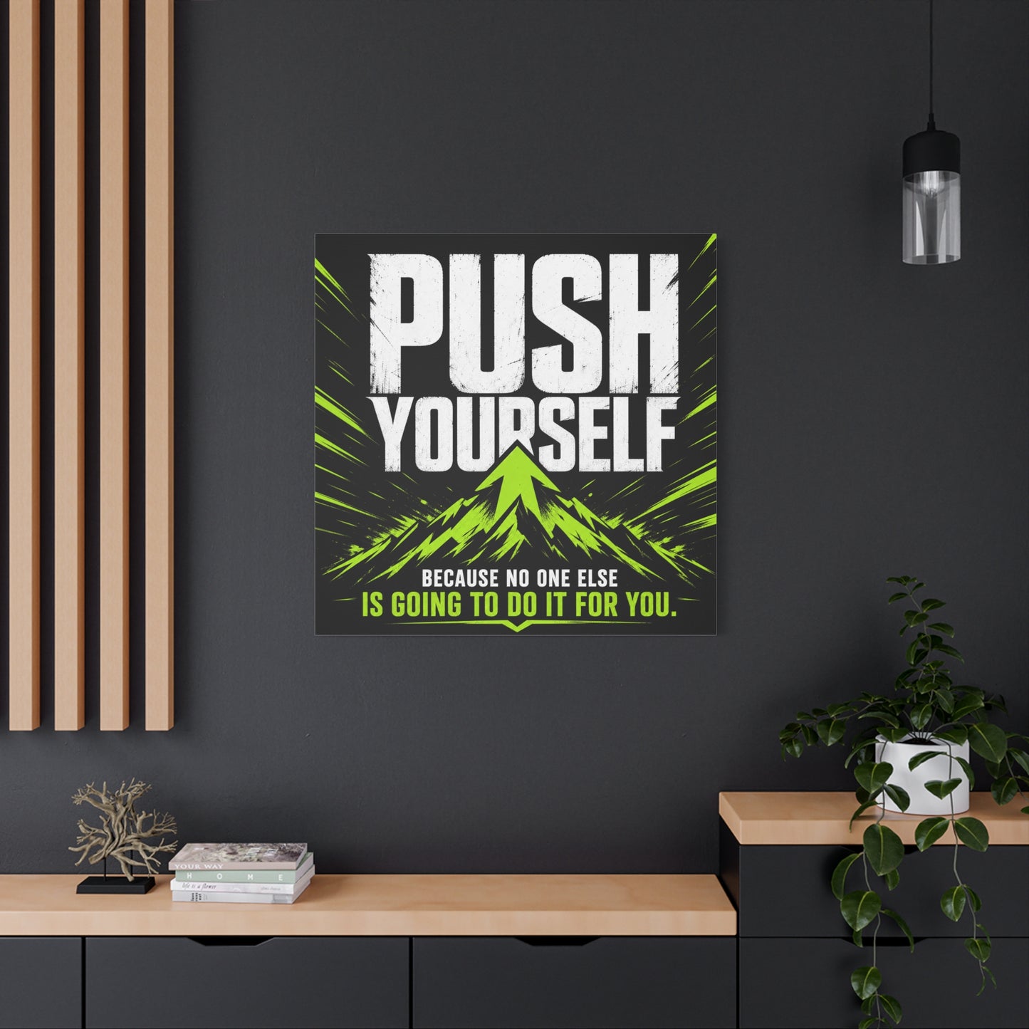 "Push Yourself Because No One Else Is Going To Do It For You" Motivational Canvas Wall Art - Bold Typography Quote Print, Modern Black Neon Green Design - Home Office Wall Decor, Teen Room
