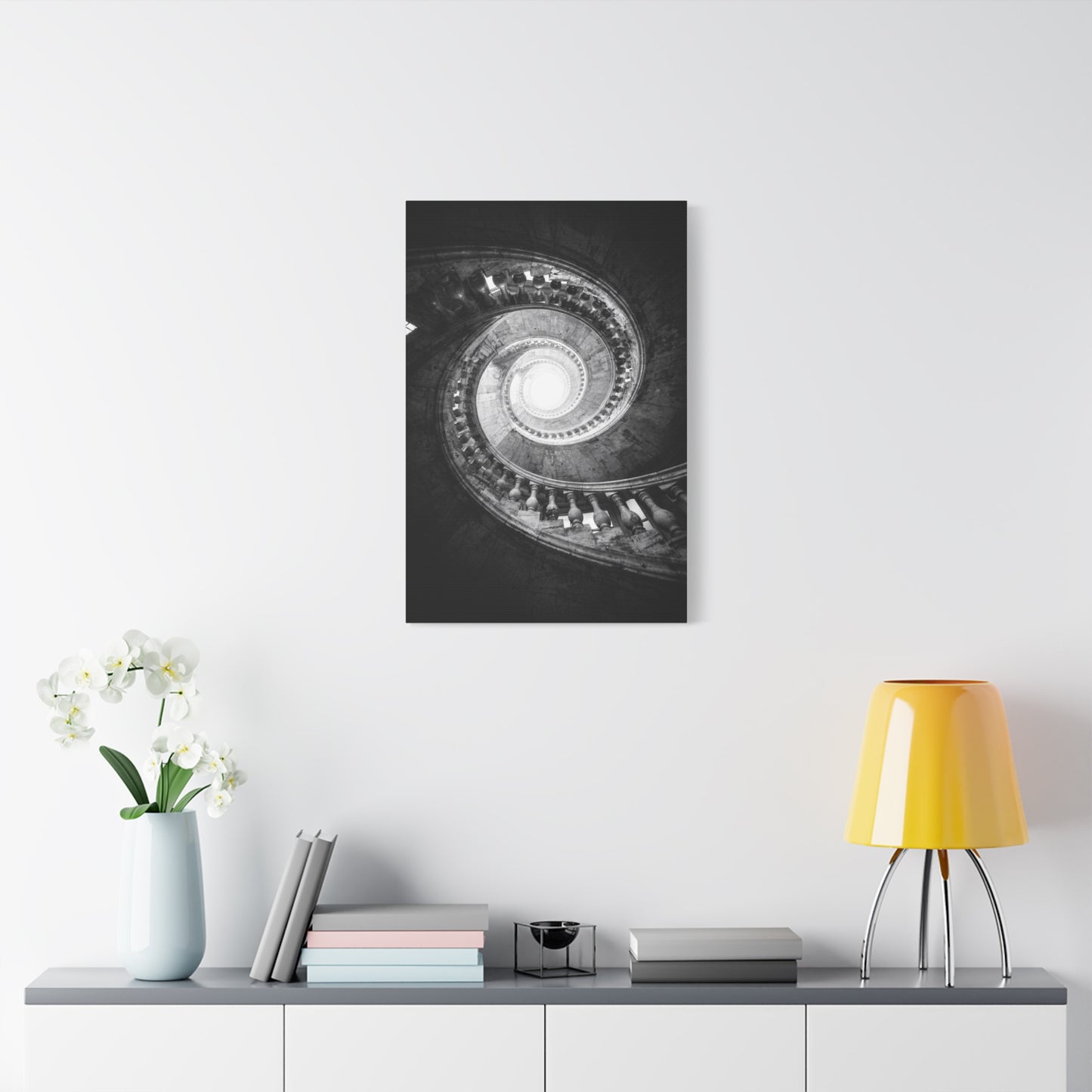 Spiral Staircase Canvas Wall Art - Black And White Architectural Art Print - Dramatic Stone Rotunda, Contemporary Interior Decor - Living Room Wall Decor, Office Art - Bedroom Home Decoration