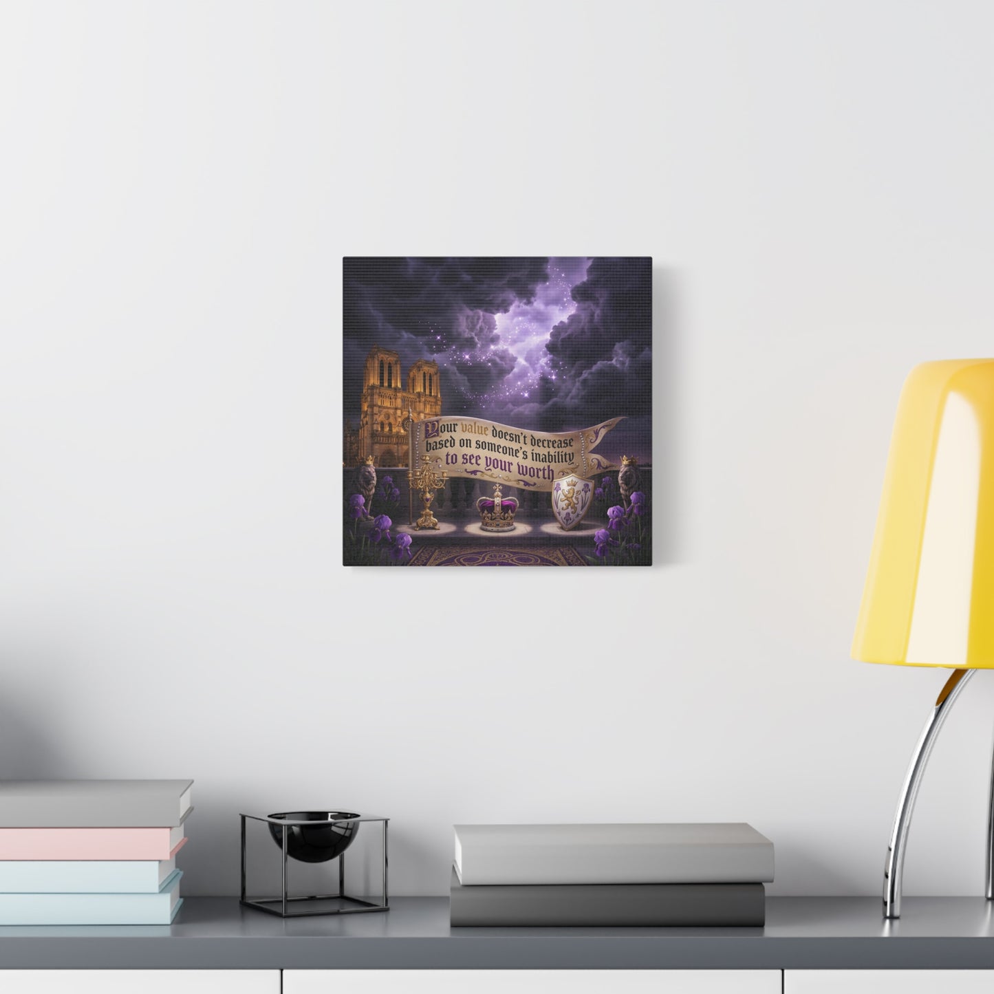 "Your Value Doesn't Decrease Based On Someone's Inability To See Your Worth" Canvas Wall Art - Gothic Cathedral, Purple Sky, Crown And Lions - Inspirational Home Decor - Living Room Bedroom