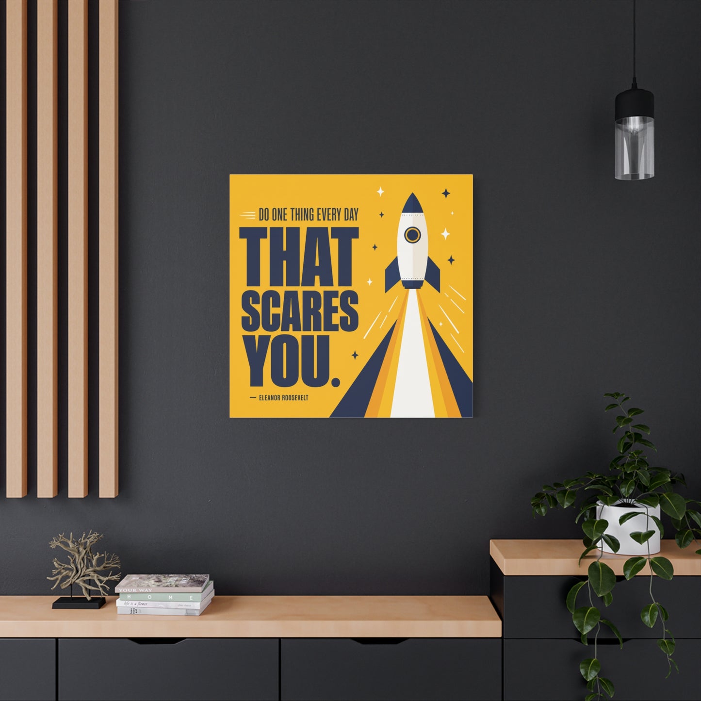 "Do One Thing Every Day That Scares You." Rocket Canvas Wall Art - Motivational Typography Space Decor - Modern Yellow Quote Print - Kids Bedroom Wall Decor, Playroom Home Decoration - Ready to Hang