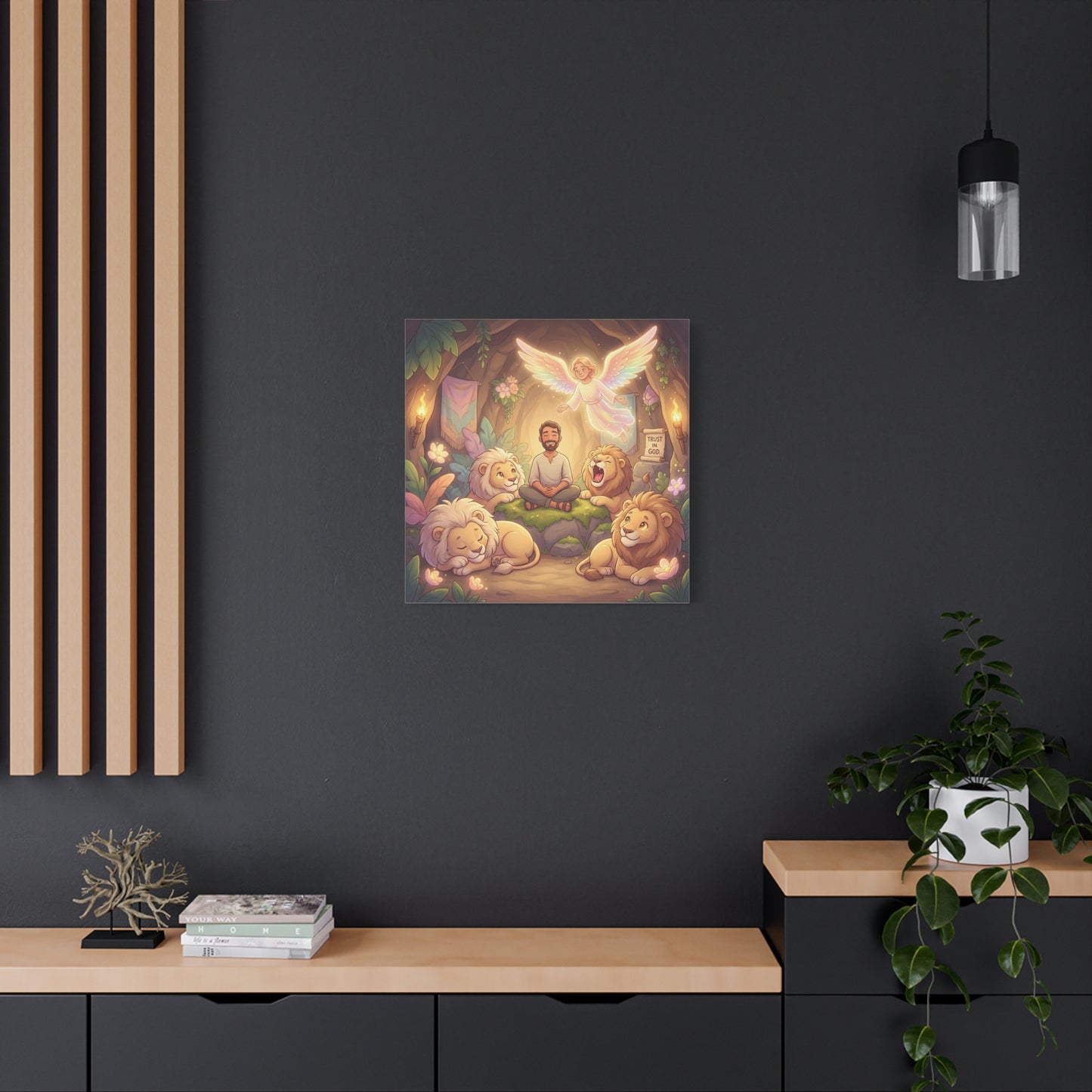 "Trust In God" Christian Canvas Wall Art - Angel, Man With Lions Cave Scene - Pastel Nursery Decor, Matte Cotton Print - Kids Bedroom Wall Decor, Playroom Home Decoration - Ready to Hang