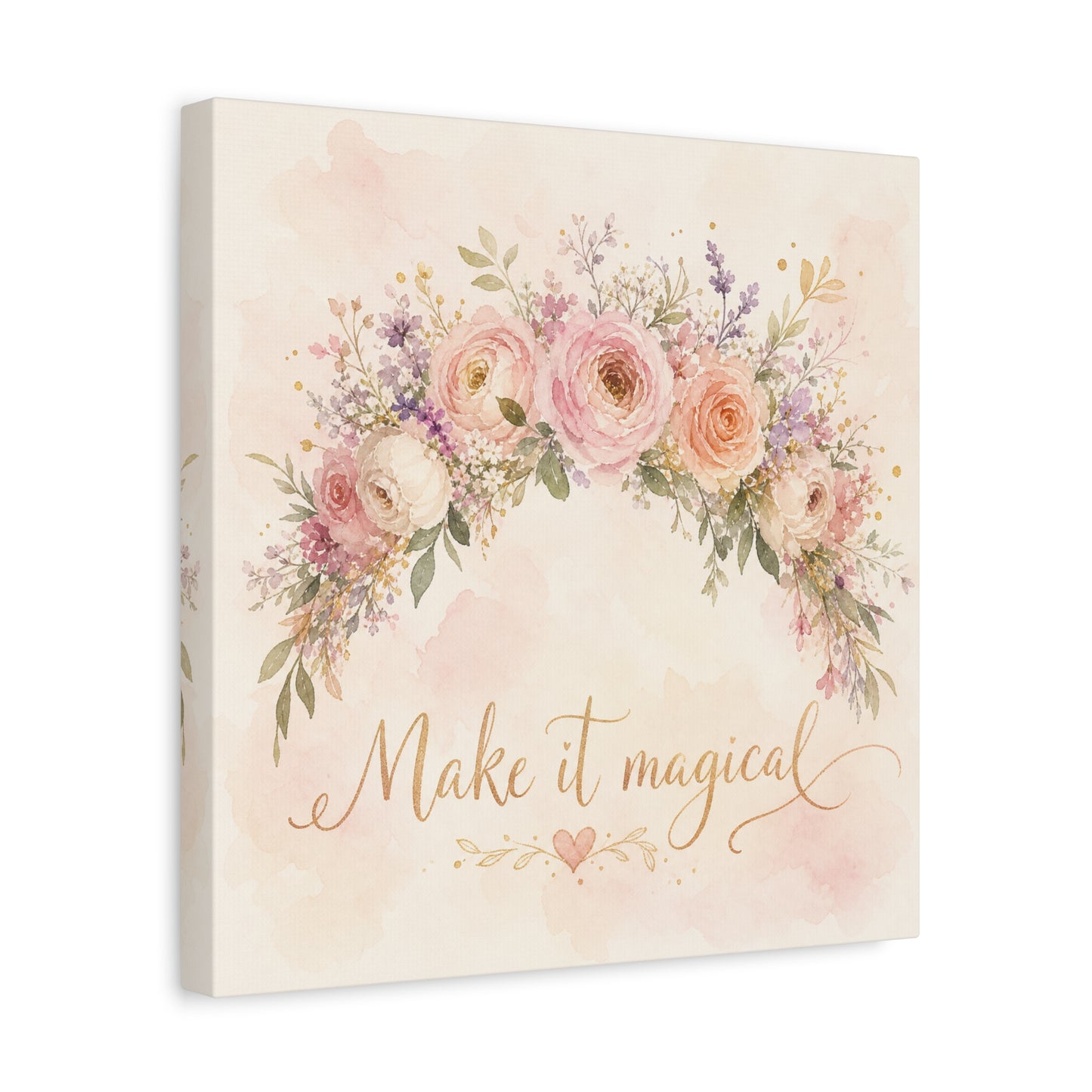 "Make It Magical" Floral Canvas Wall Art - Blush Rose Watercolor Quote Print, Pink Botanical Home Decor, Girls Bedroom Wall Decoration, Nursery Accent, Bohemian Living Room Style - Ready to Hang