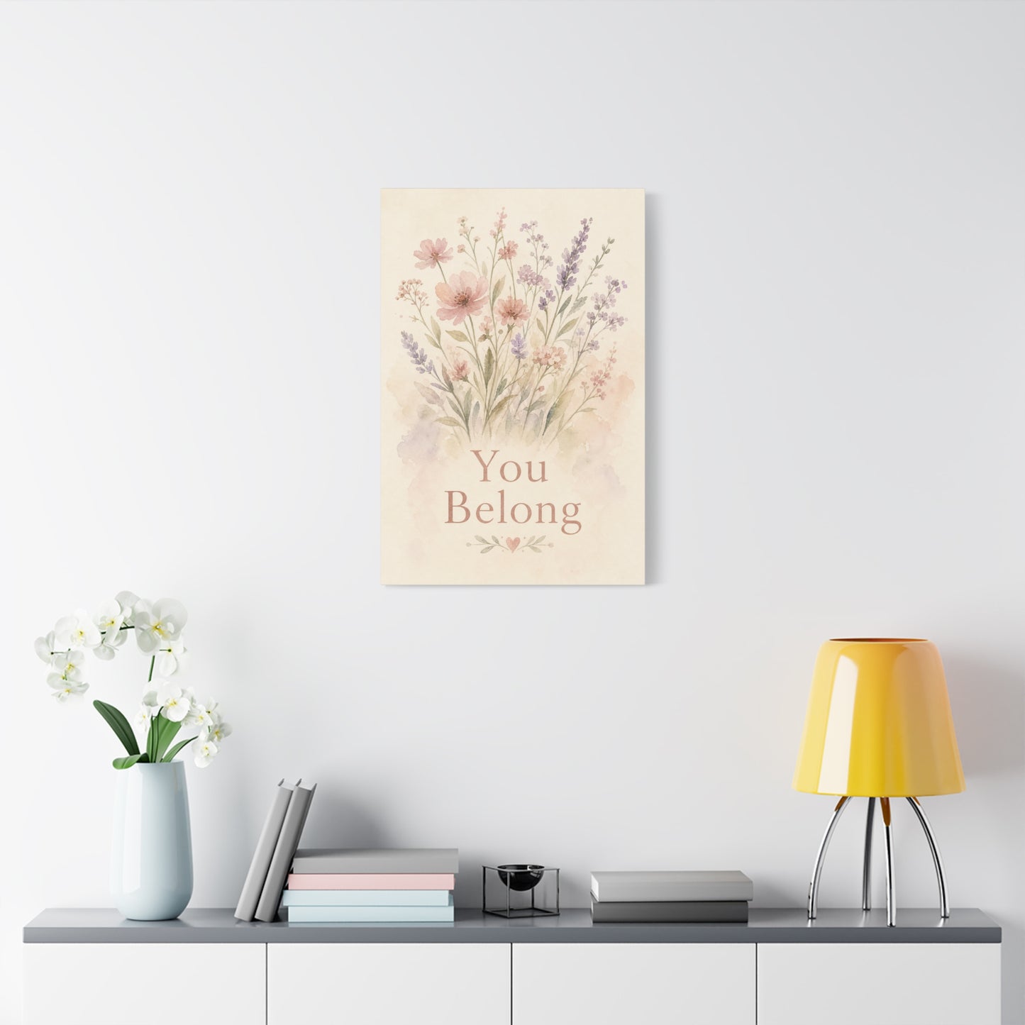 "You Belong" Floral Canvas Wall Art - Watercolor Wildflower Quote Print, Pink Lavender Botanical Decor - Inspirational Bedroom Home Decoration, Nursery Wall Hanging - Bedroom Home Decoration