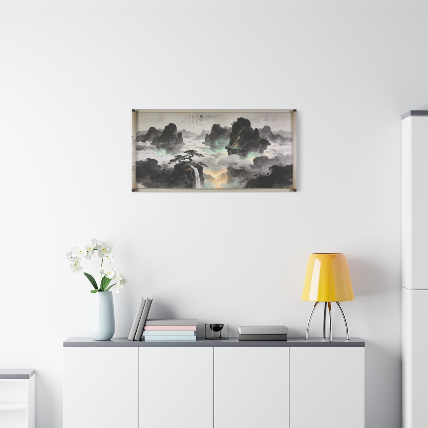 Chinese Ink Landscape Canvas Wall Art - Misty Mountain Scroll Painting, Cloud Sea Waterfall, Calligraphy Detail - Contemporary Zen Style - Living Room Wall Decor, Bedroom Home Accent - Ready to Hang
