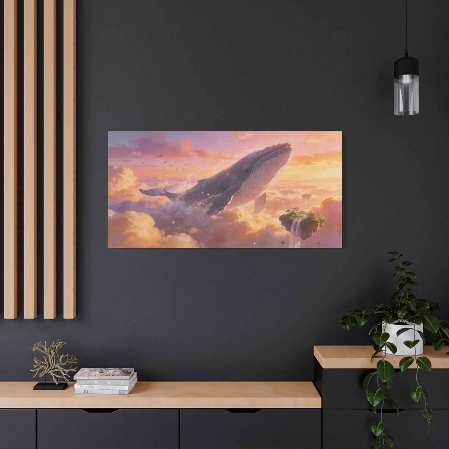 Fantasy Whale Canvas Wall Art - Dreamlike Sky Ocean Scene, Floating Island Waterfall - Matte Cotton Art Print - Surreal Contemporary Style - Living Room Wall Decor Bedroom Accent - Ready to Hang