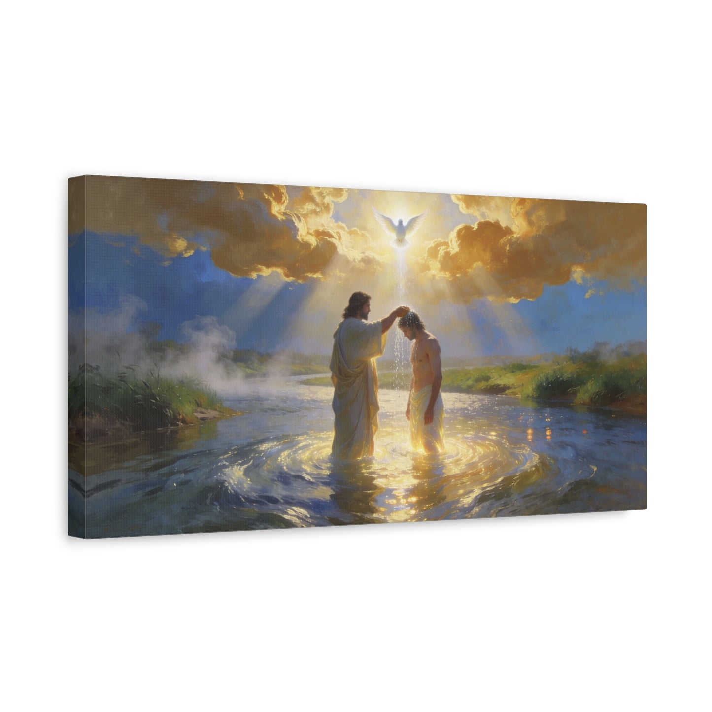 Baptism Of Jesus Christ Canvas Wall Art - Dove, Golden Light, River Scene - Religious Christian Wall Decor, Traditional Matte Canvas Print, Living Room Bedroom Home Decoration - Modern Farmhouse Style