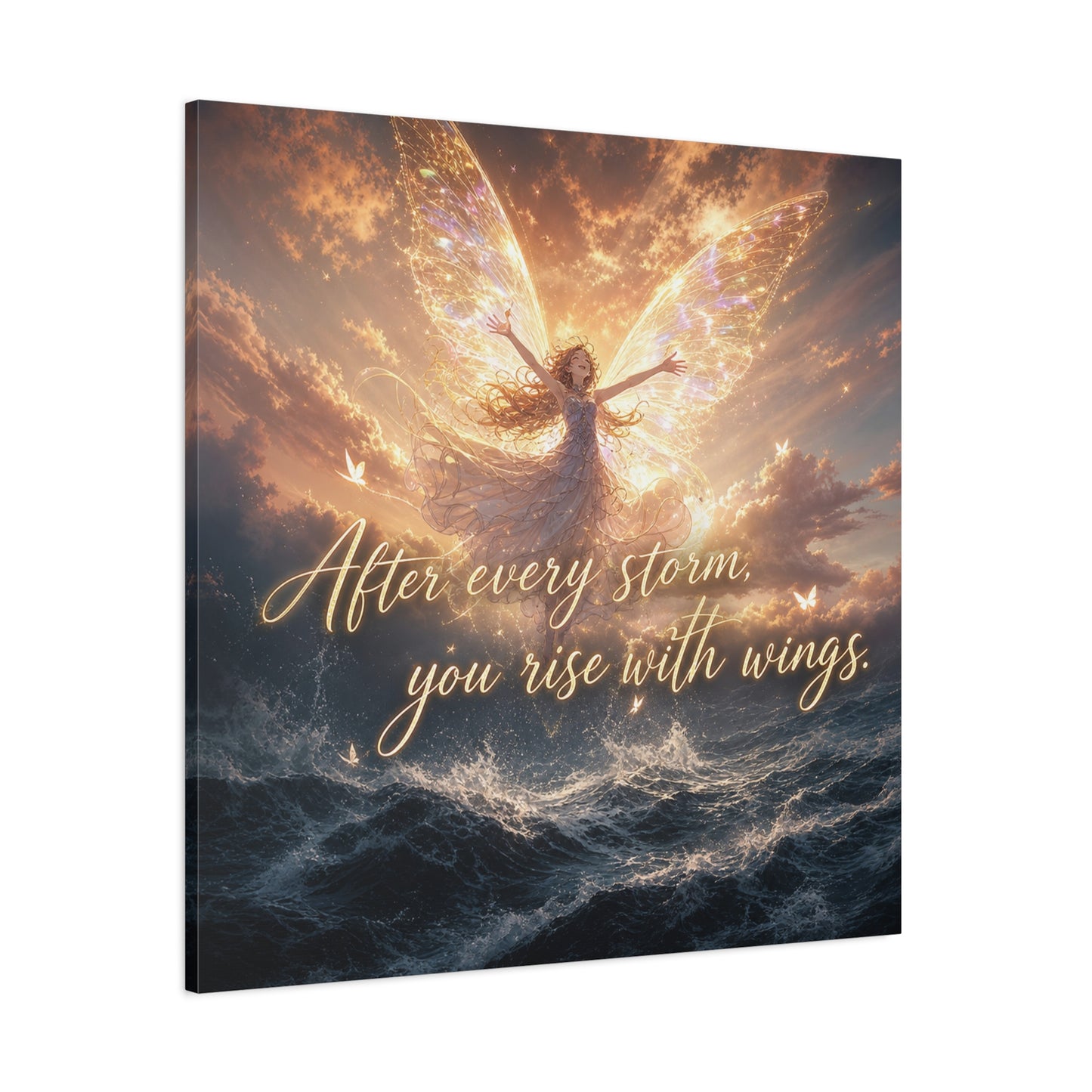 "After Every Storm, You Rise With Wings." Fairy Canvas Wall Art - Inspirational Ocean Sky Quote Print - Golden Ethereal Fantasy Decor - Bedroom Wall Hanging, Living Room Accent - Ready to Hang