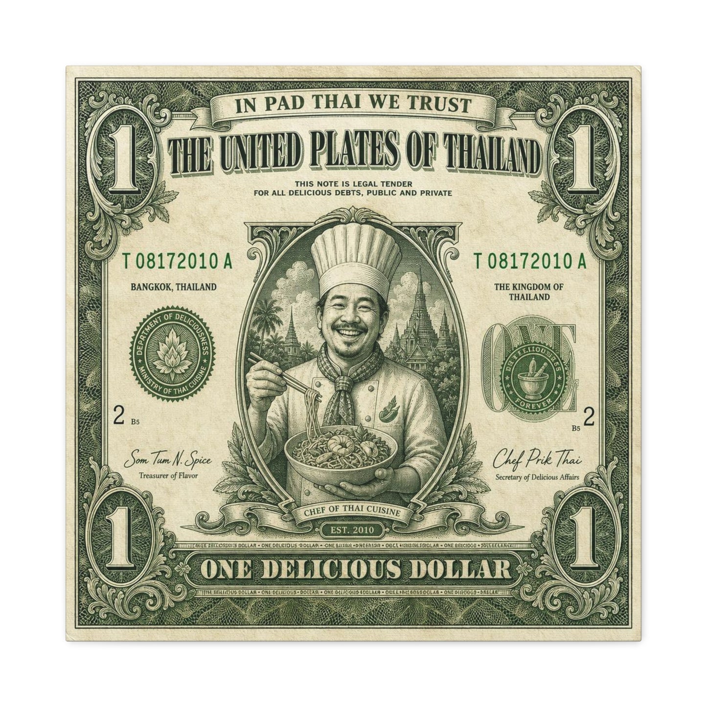 "In Pad Thai We Trust" Typography Canvas Wall Art - Vintage Thai Currency Illustration, Chef Portrait, Bangkok Thailand Food Poster Style - Kitchen Wall Decor, Dining Room Accent - Ready to Hang