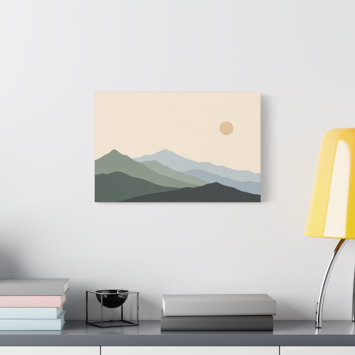 Minimalist Mountain Landscape Canvas Wall Art - Layered Blue Green Hills, Soft Sun - Contemporary Nature Print, Living Room Wall Decor, Bedroom Home Decoration, Office Art - Bedroom Home Decoration