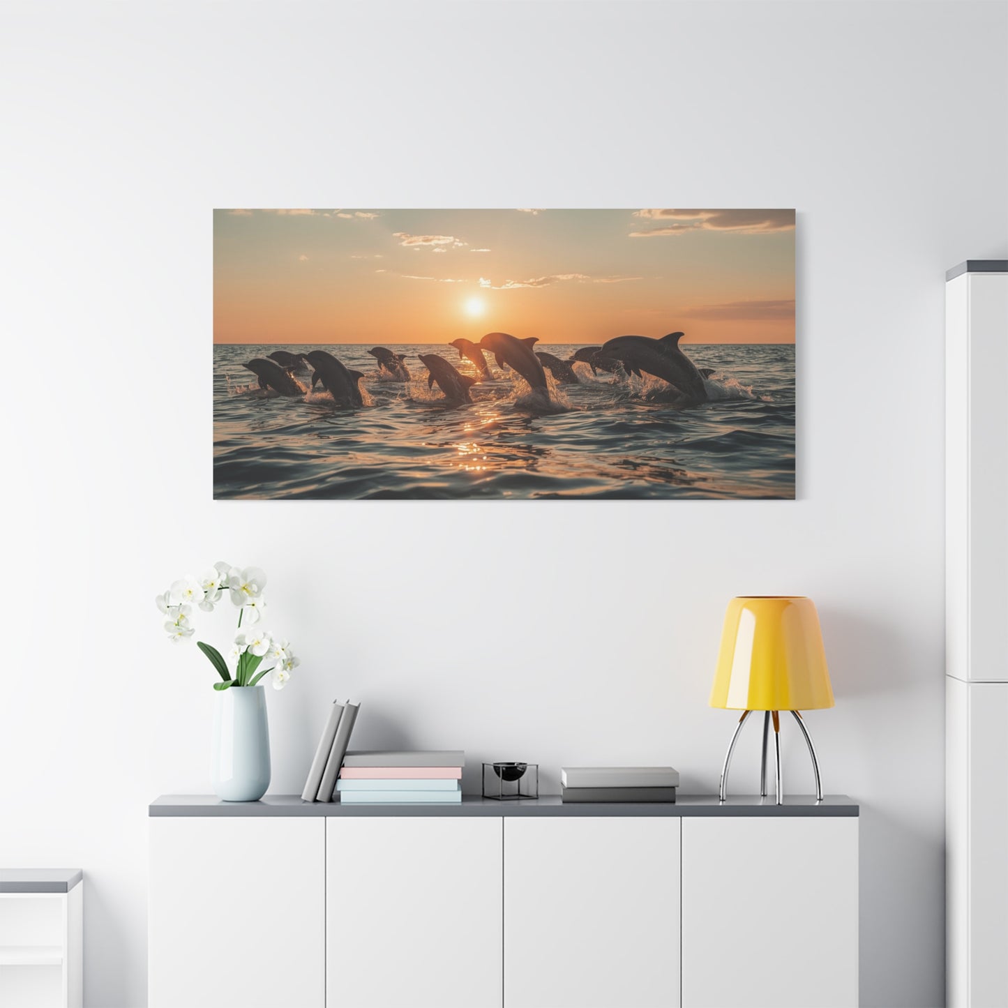 Dolphin Sunset Canvas Wall Art - Ocean Wildlife Art Print, Golden Seascape, Coastal Living Room Wall Decor, Bedroom Home Decoration, Ready to Hang Matte Canvas - Bedroom Home Decoration