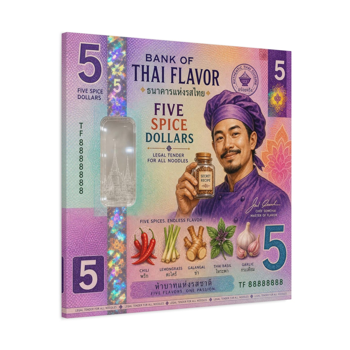 "Bank Of Thai Flavor" Thai Chef Canvas Wall Art - Five Spice Dollars Food Illustration, Colorful Typography Print, Eclectic Kitchen Decor, Cafe Wall Decor, Restaurant Wall Accent - Ready to Hang