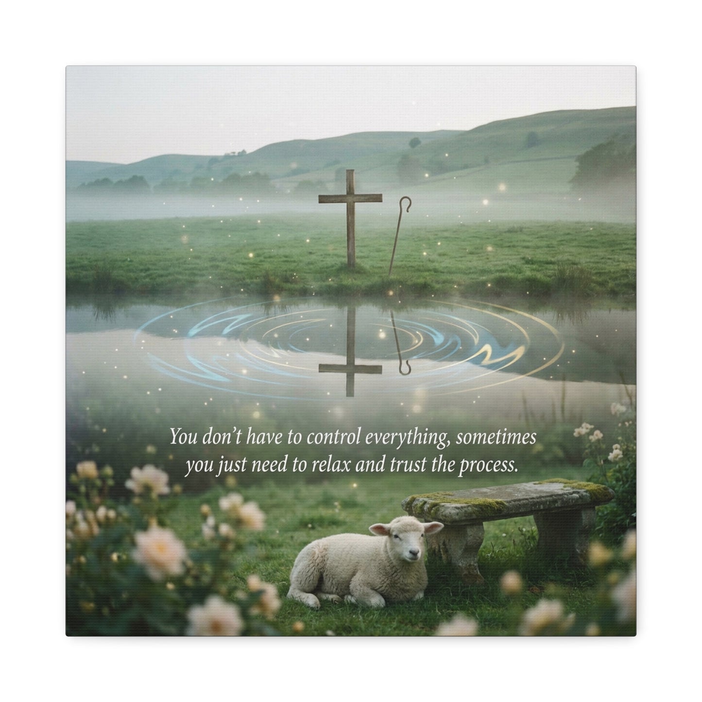 "You Don’t Have To Control Everything, Sometimes You Just Need To Relax And Trust The Process" Canvas Wall Art - Christian Cross, Lamb Meadow Scene - Inspirational Farmhouse Decor - Office Wall Art
