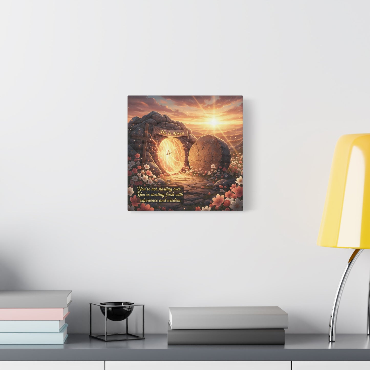 "He Is Risen" Christian Canvas Wall Art - Empty Tomb Cross Sunrise Scripture Print - Floral Faith Home Decoration - Modern Farmhouse Style