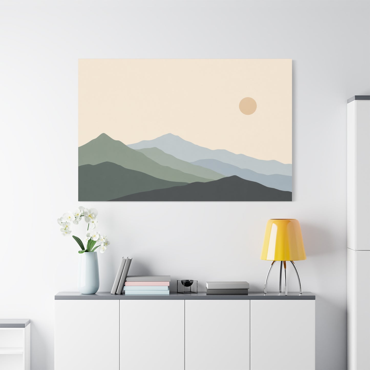 Minimalist Mountain Landscape Canvas Wall Art - Layered Blue Green Hills, Soft Sun - Contemporary Nature Print, Living Room Wall Decor, Bedroom Home Decoration, Office Art - Bedroom Home Decoration