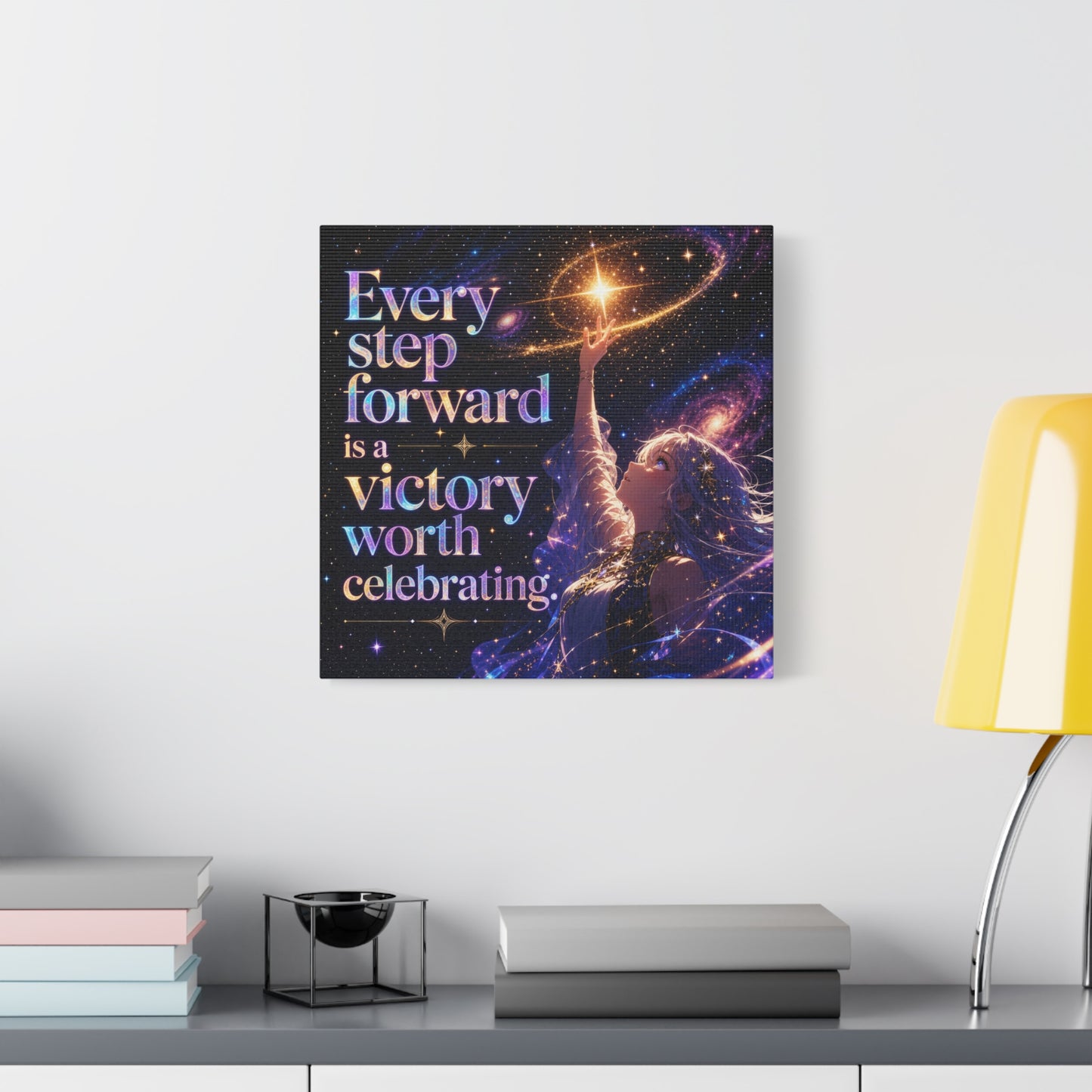 "Every Step Forward Is A Victory Worth Celebrating" Inspirational Canvas Wall Art - Cosmic Anime Girl Galaxy Quote Print - Celestial Purple Blue Decor - Bedroom Home Decoration - Office Wall Art