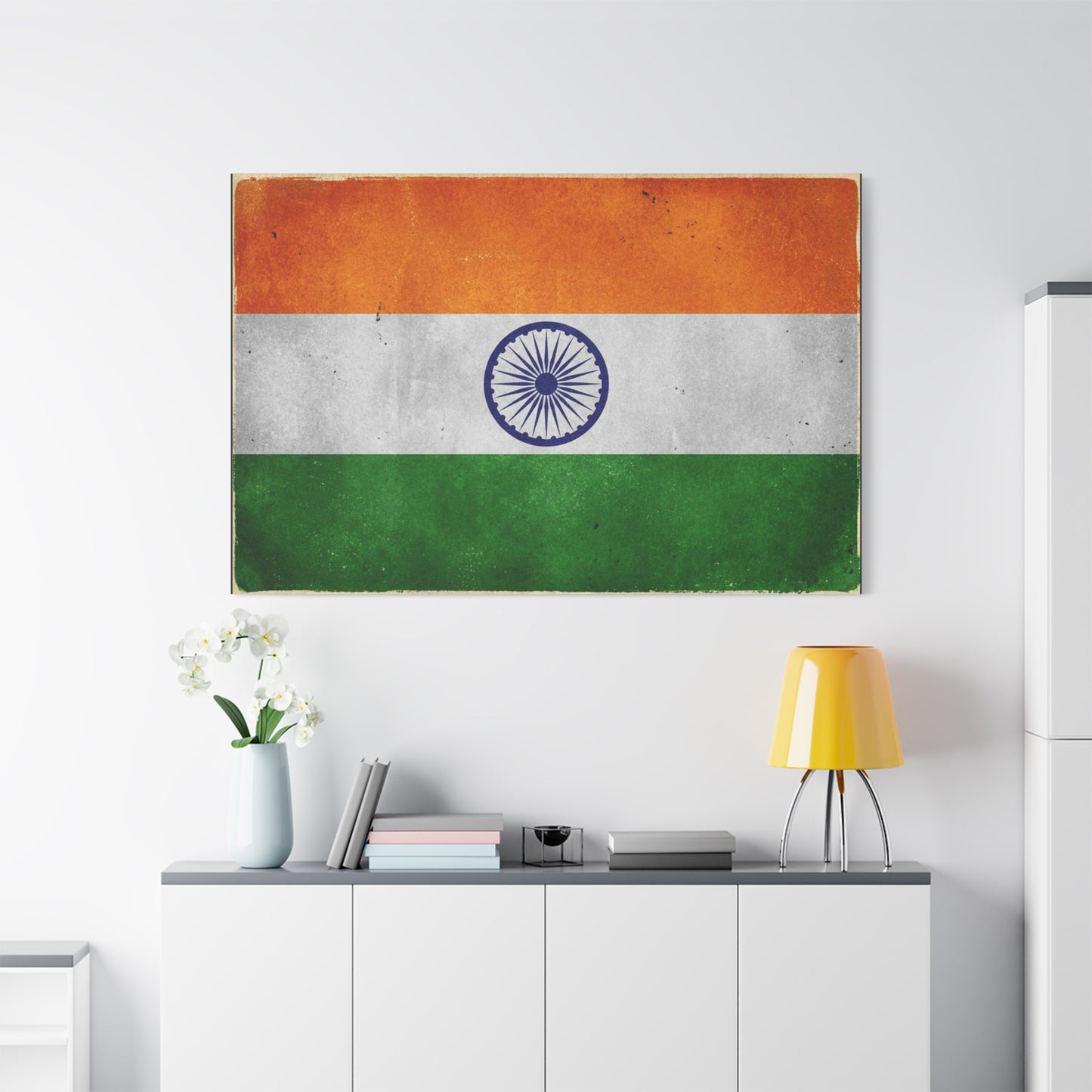 India Flag Canvas Wall Art - Vintage Tricolor Ashoka Chakra Print, Patriotic Textured Artwork - Distressed Saffron White Green Design - Living Room Decor, Office Wall Accent - Bedroom Home Decoration