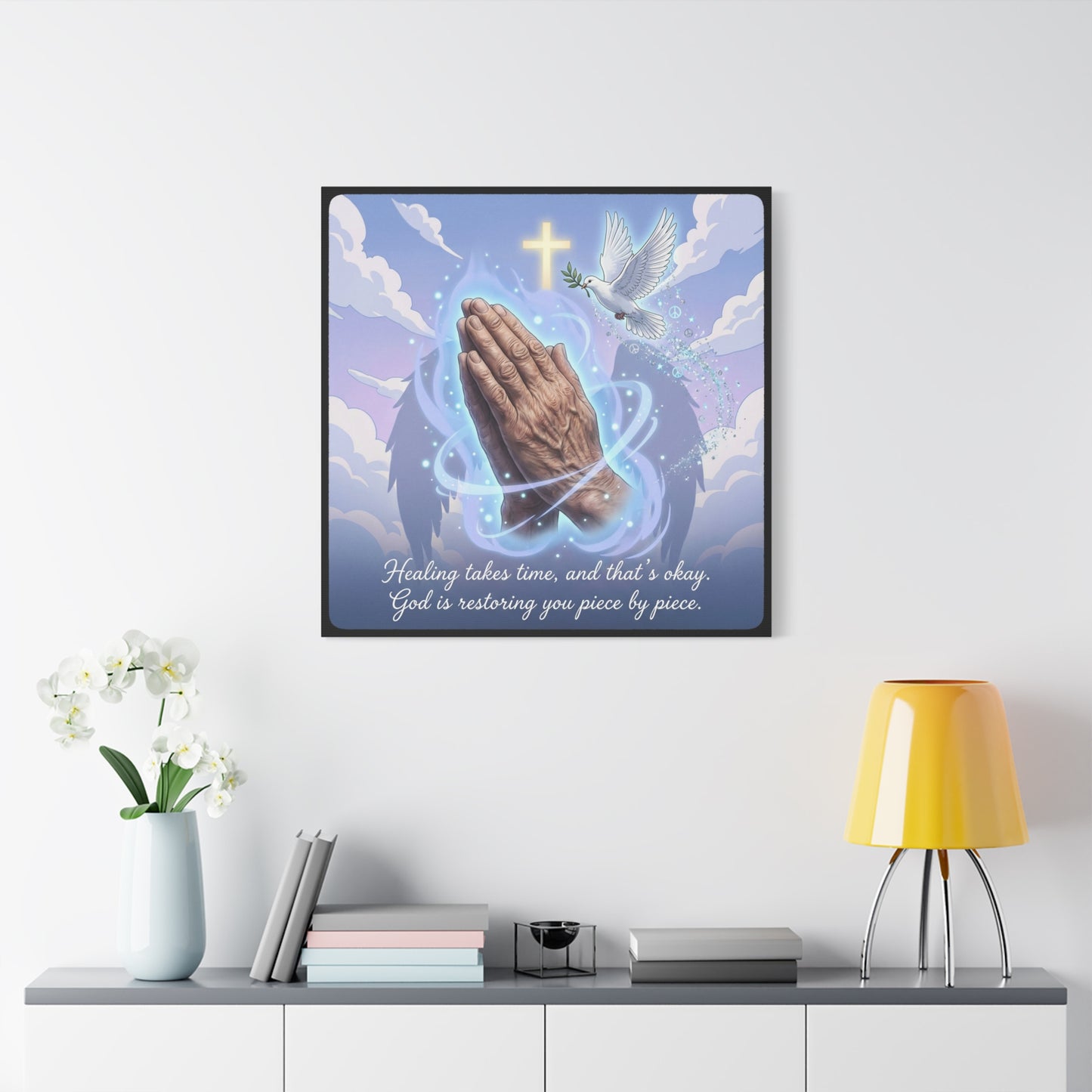 "Healing Takes Time, And That’s Okay. God Is Restoring You Piece By Piece." Christian Canvas Wall Art - Praying Hands, Dove, Cross - Faith Inspired Blue Sky Decor - Bedroom Living Room Office
