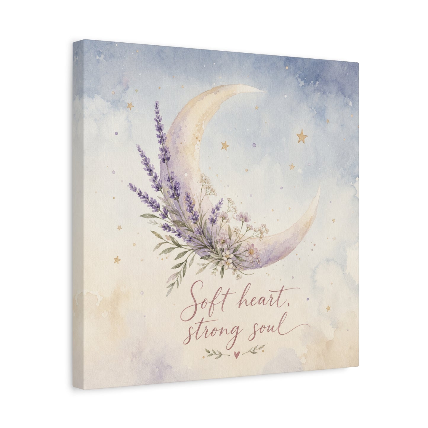 "Soft Heart, Strong Soul" Moon Canvas Wall Art - Lavender Floral Celestial Quote Print - Watercolor Nursery Bedroom Decor - Bohemian Home Decoration - Office Wall Art - Bedroom Home Decoration
