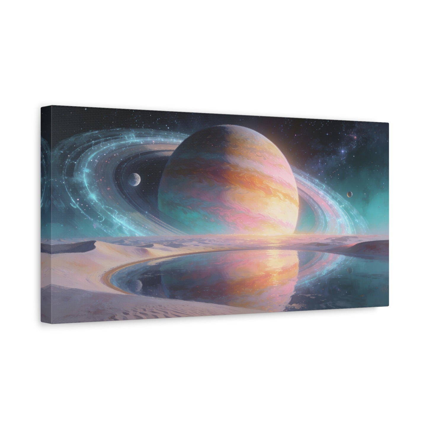 Ringed Planet Canvas Wall Art - Pastel Space Landscape, Celestial Desert Lake Reflection - Contemporary Surreal Canvas Print - Living Room Wall Decor, Bedroom Home Decoration - Bedroom Home Decoration