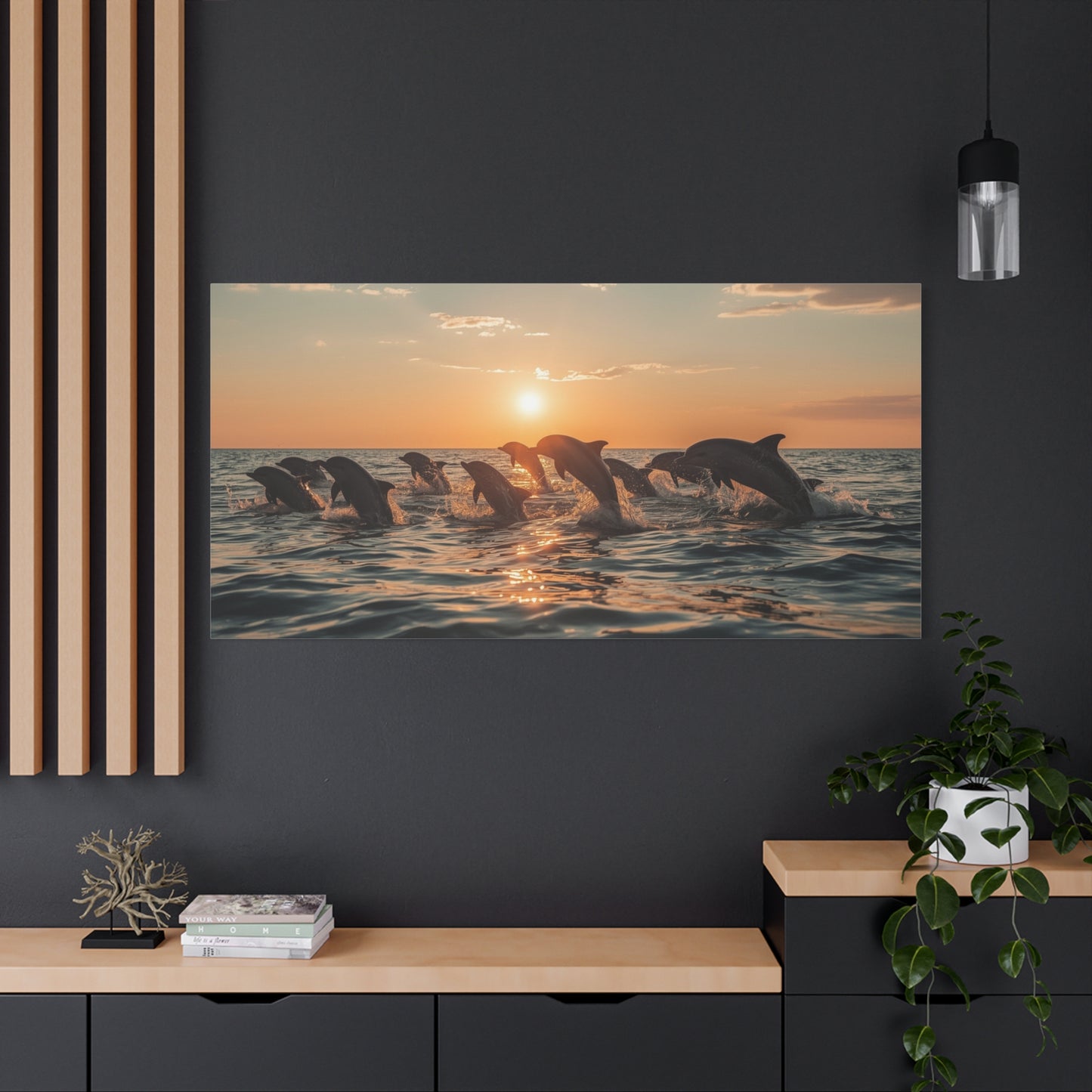 Dolphin Sunset Canvas Wall Art - Ocean Wildlife Art Print, Golden Seascape, Coastal Living Room Wall Decor, Bedroom Home Decoration, Ready to Hang Matte Canvas - Bedroom Home Decoration