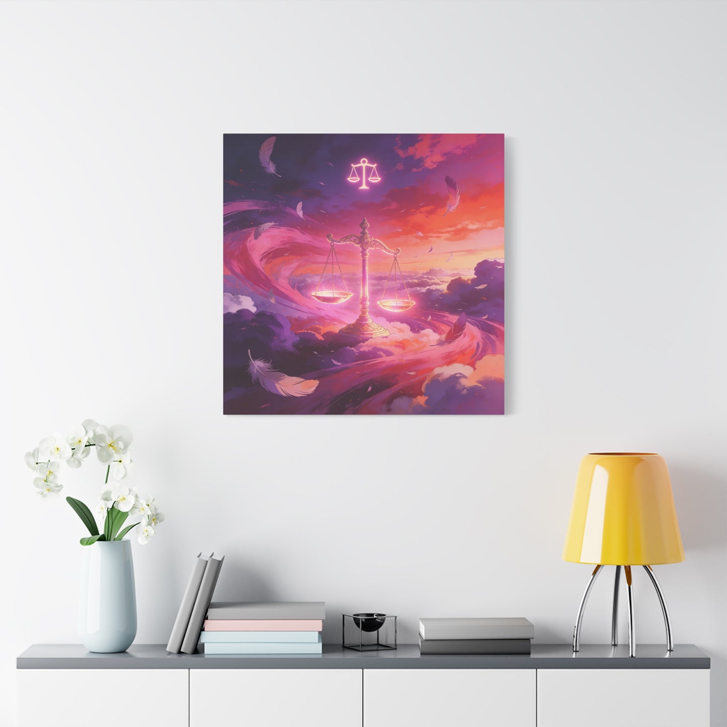 Libra Scales Canvas Wall Art - Zodiac Sky Illustration, Glowing Balance Symbol - Matte Cotton Art Print, Contemporary Celestial Style - Bedroom Home Decoration, Office Wall Decor - Ready to Hang