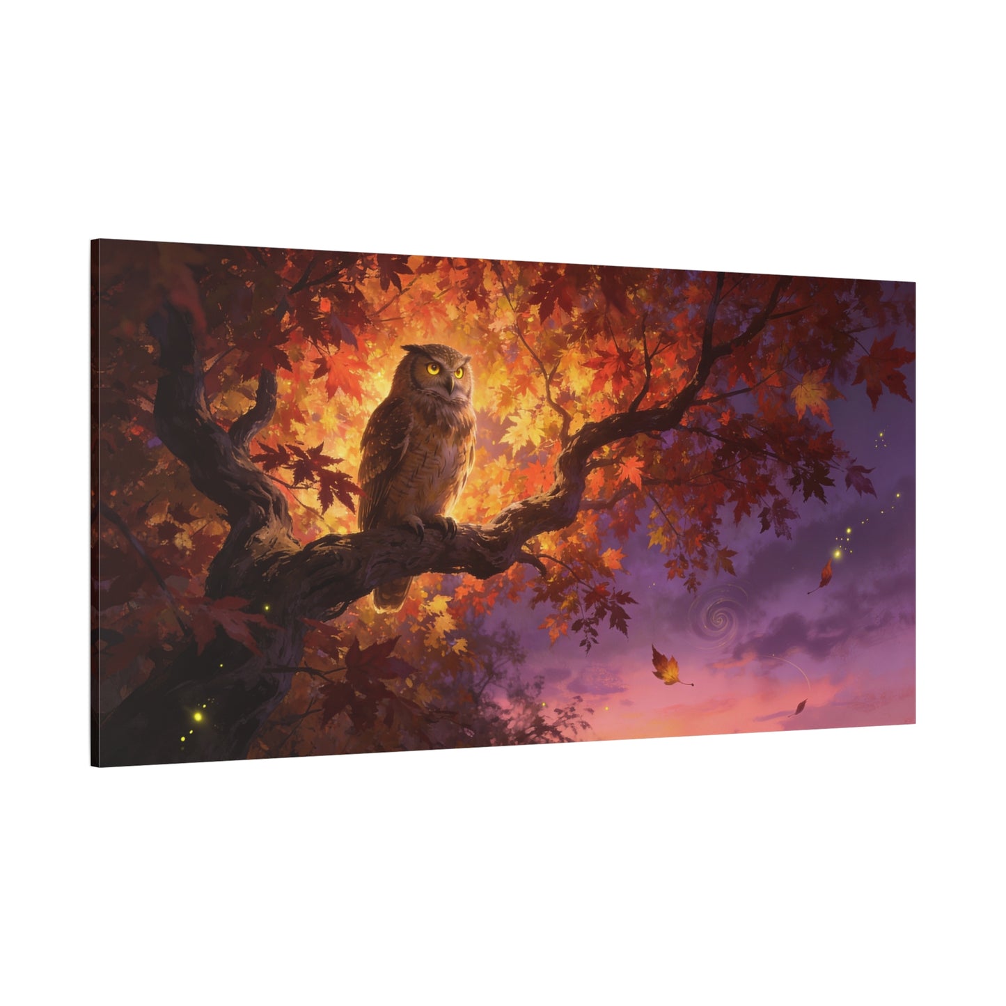 Owl Canvas Wall Art - Autumn Tree Branch Wildlife Illustration, Glowing Twilight Sky - Matte Canvas Print, Rustic Nature Style - Living Room Wall Decor, Bedroom Home Decoration - Cozy Reading Nook Art