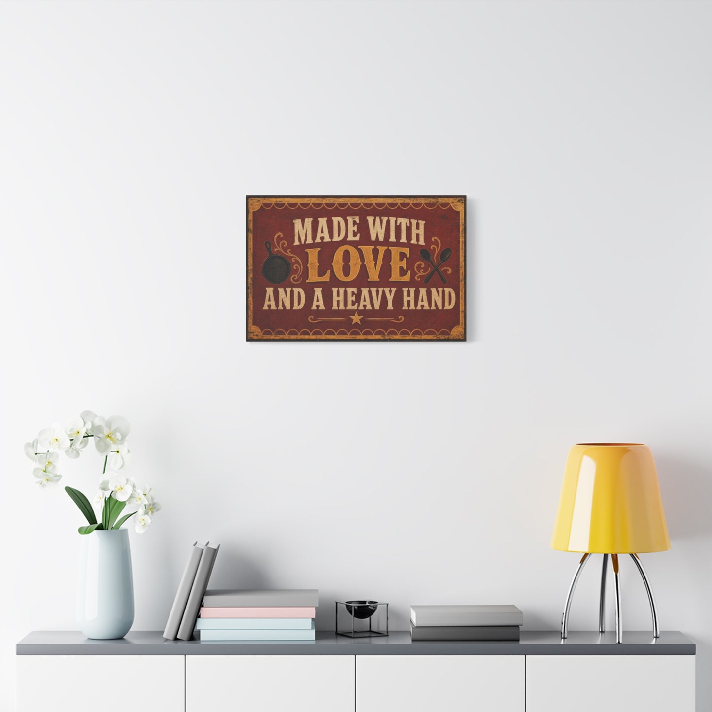 "Made With Love And A Heavy Hand" Kitchen Canvas Wall Art - Rustic Vintage Typography Print, Farmhouse Cooking Decor, Dining Room Wall Decor, Country Home Decoration - Ready to Hang - Ready to Hang