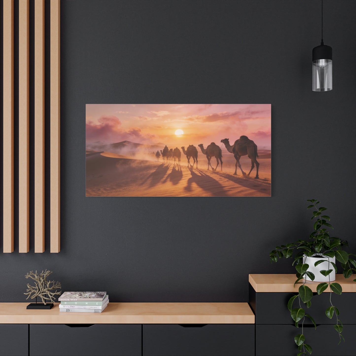 Desert Camel Caravan Canvas Wall Art - Sunset Sand Dunes, Golden Horizon, Matte Finish Canvas Print - Contemporary Landscape Style - Living Room Wall Decor, Bedroom Home Decoration - Ready to Hang