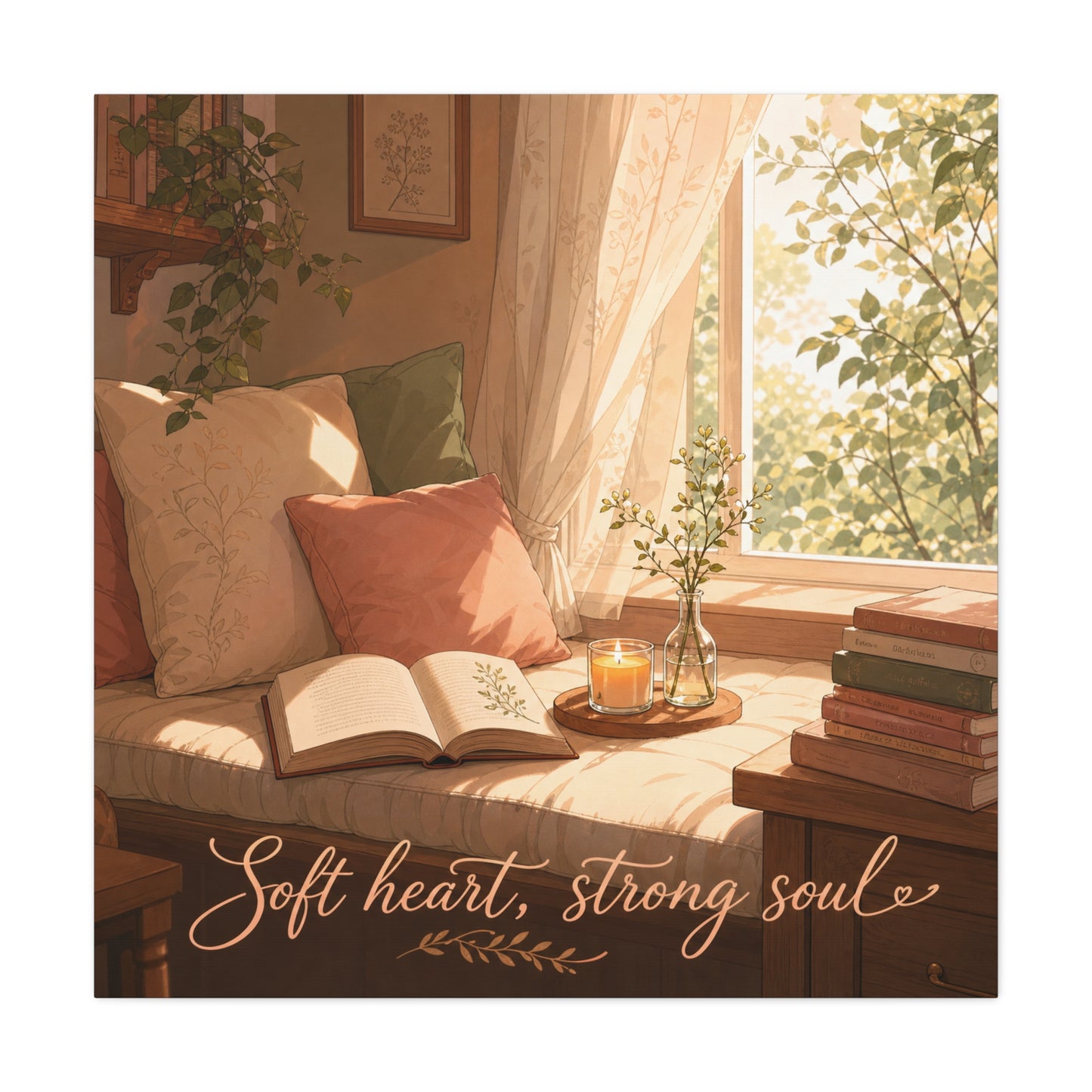 "Soft Heart, Strong Soul" Reading Nook Canvas Wall Art - Sunlit Window Seat, Books, Candle, Botanical Bedroom Decor - Cozy Cottagecore Style - Living Room Wall Decor - Bedroom Home Decoration