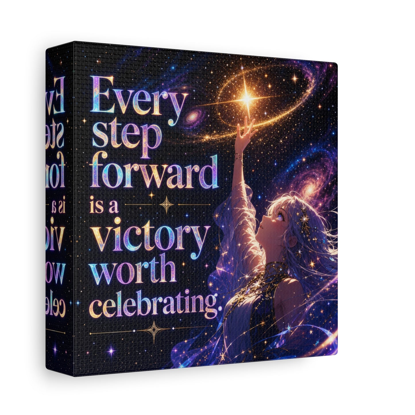 "Every Step Forward Is A Victory Worth Celebrating" Inspirational Canvas Wall Art - Cosmic Anime Girl Galaxy Quote Print - Celestial Purple Blue Decor - Bedroom Home Decoration - Office Wall Art
