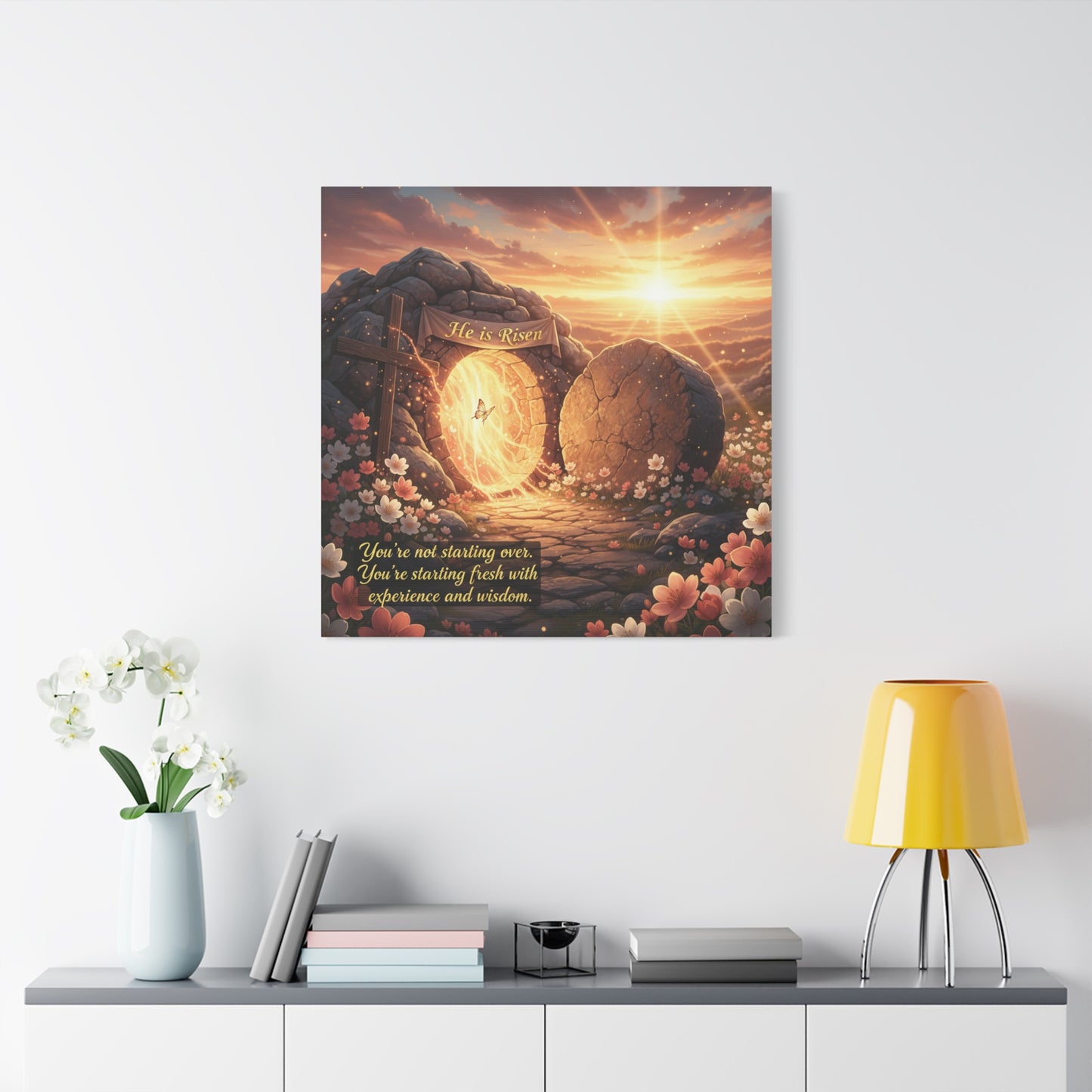 "He Is Risen" Christian Canvas Wall Art - Empty Tomb Cross Sunrise Scripture Print - Floral Faith Home Decoration - Modern Farmhouse Style