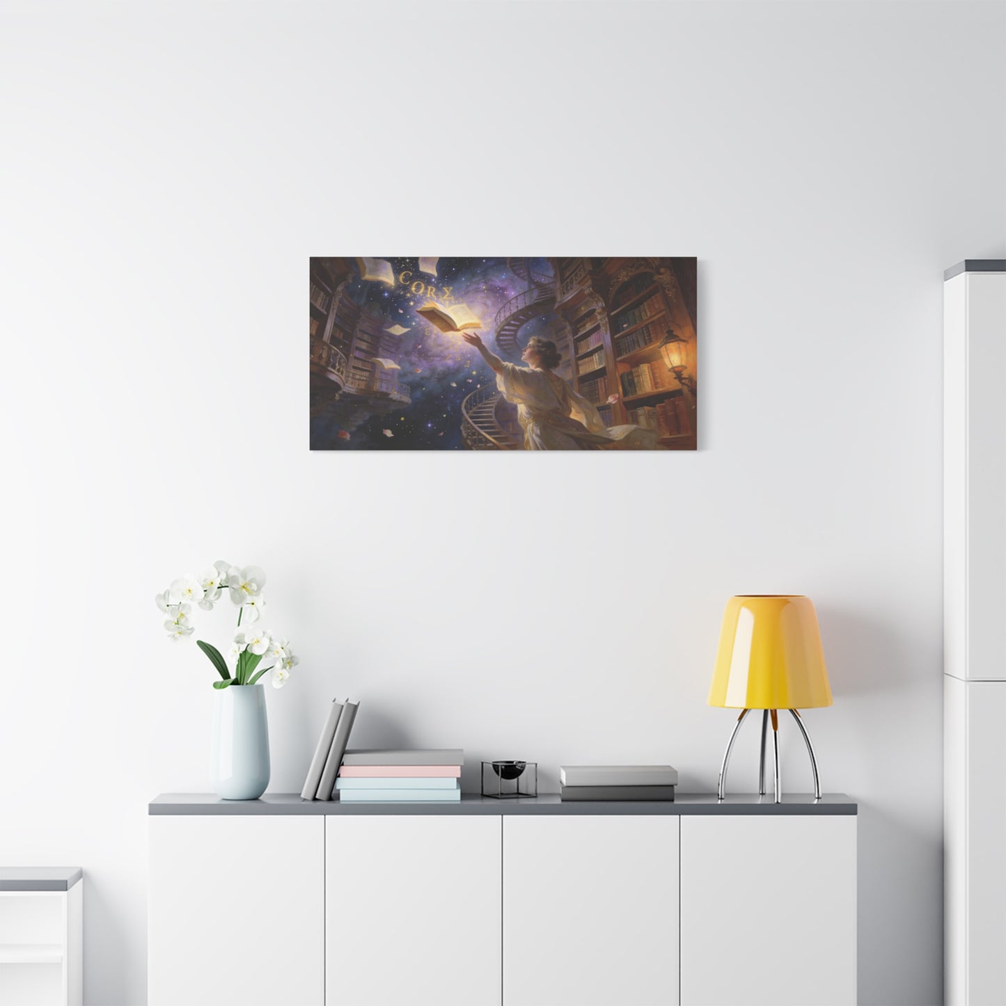 "CORZ" Fantasy Library Canvas Wall Art - Woman Reaching For Floating Book, Celestial Bookshelves, Spiral Staircase - Matte Cotton Print - Surreal Reading Room Decor, Office Art - Workspace Wall Decor