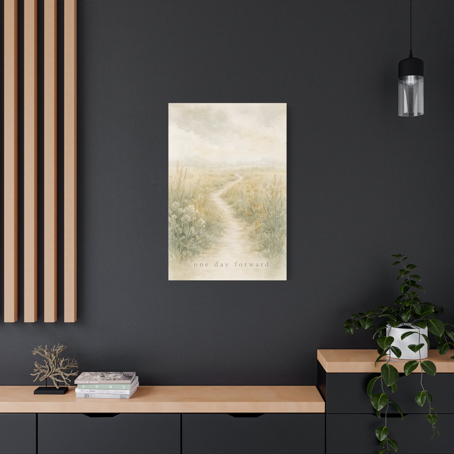 "One Day Forward" Inspirational Canvas Wall Art - Soft Meadow Path Watercolor Print, Neutral Sage Beige Botanical Landscape, Bedroom Wall Decor, Meditation Space Home Decoration - Ready to Hang