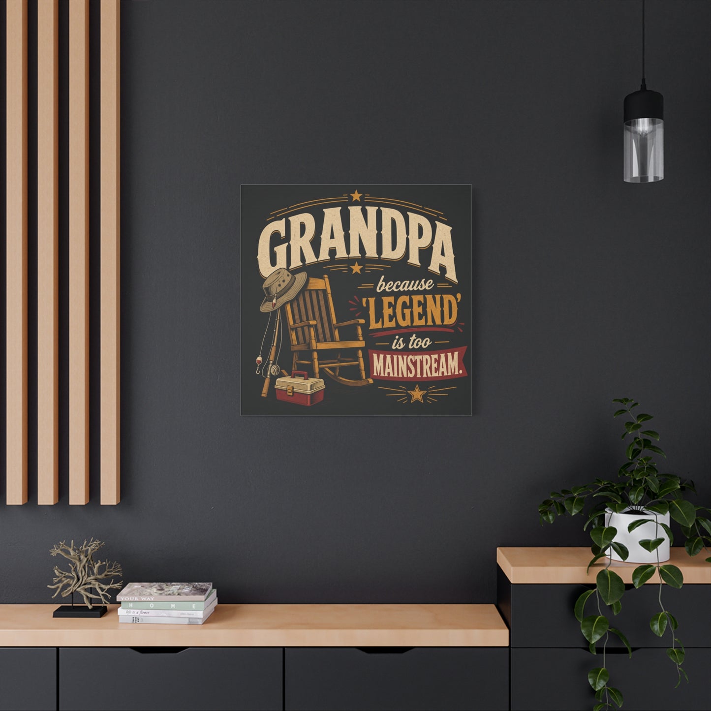 "Grandpa Because 'Legend' Is Too Mainstream" Canvas Wall Art - Vintage Fishing Rocking Chair Print - Rustic Typography Decor - Living Room Wall Decor - Ready to Hang - Bedroom Home Decoration