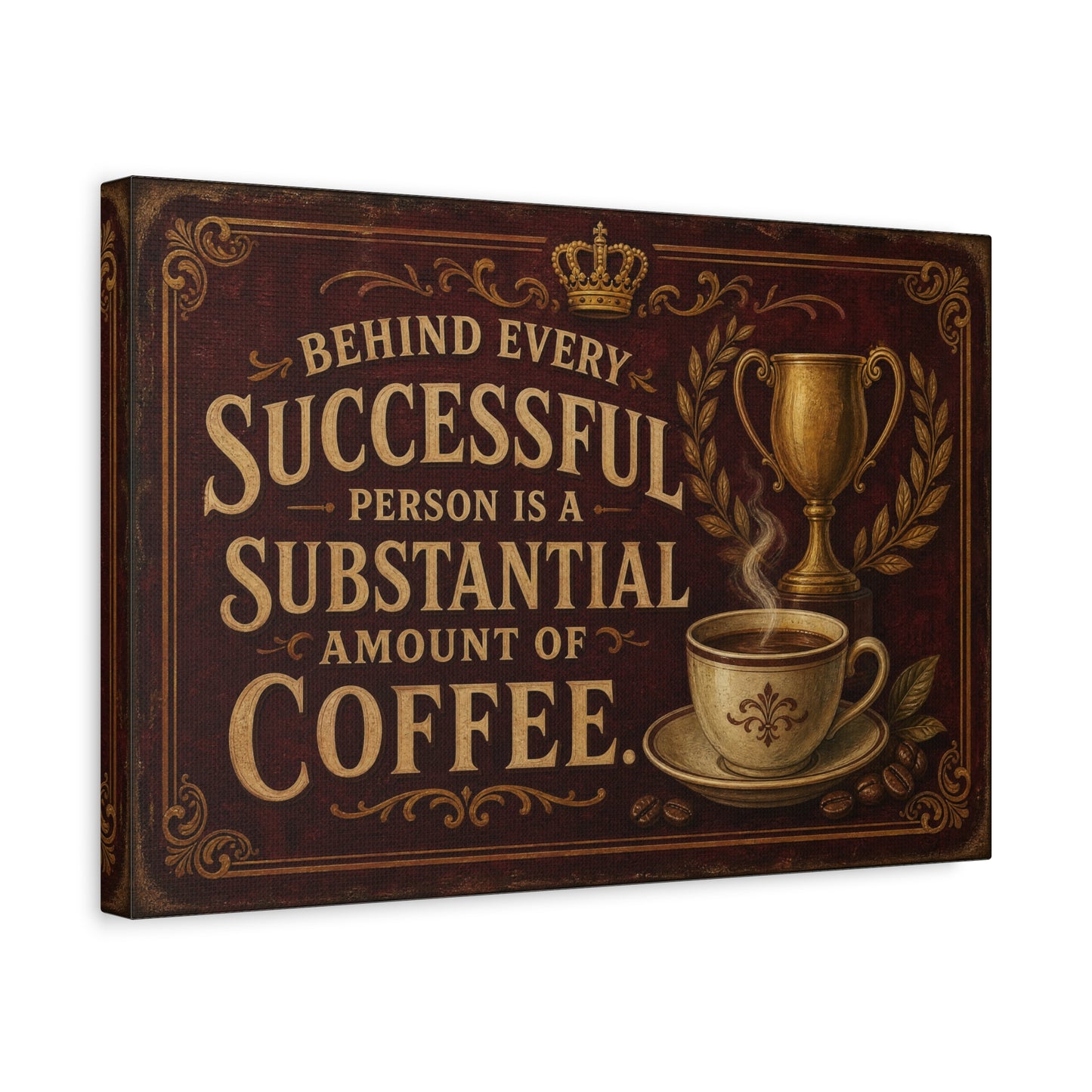 "Behind Every Successful Person Is A Substantial Amount Of Coffee." Canvas Wall Art - Vintage Coffee Quote Decor, Rustic Typography Print - Ready to Hang - Cafe Wall Art - Bistro Decor
