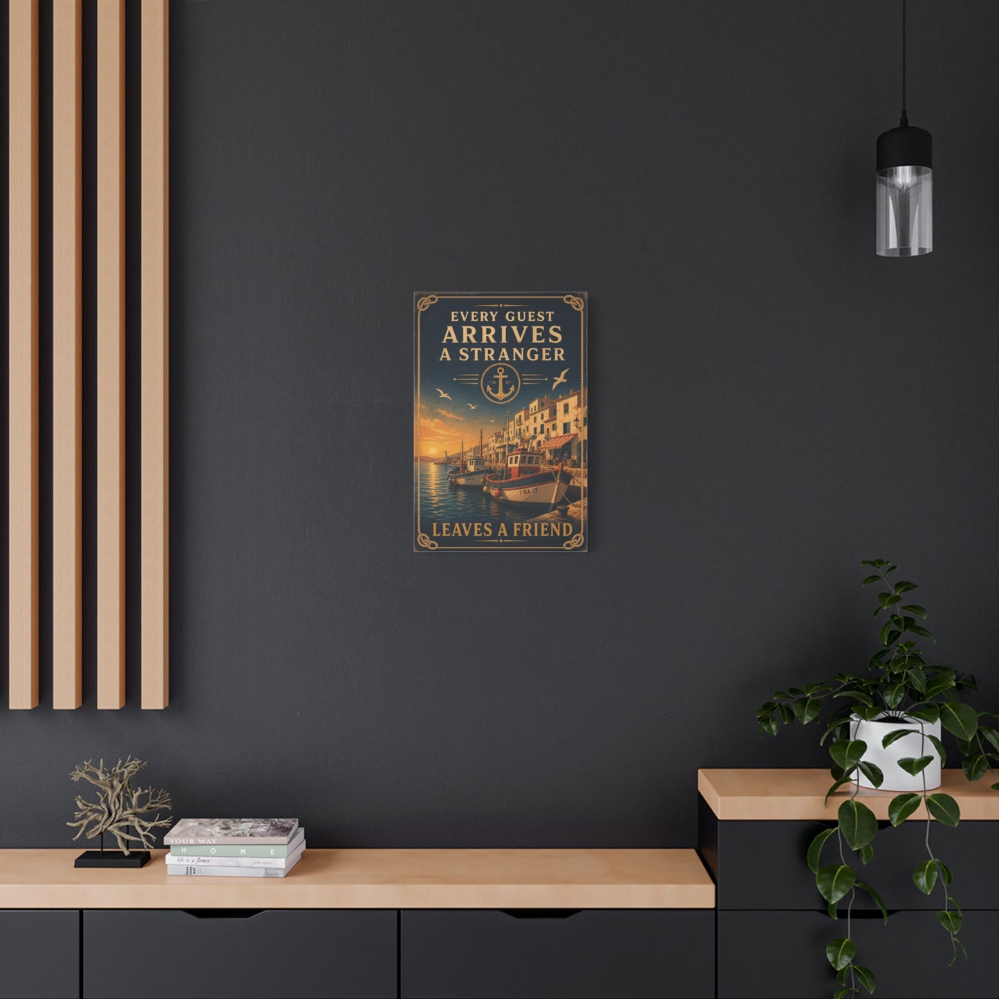 "Every Guest Arrives A Stranger Leaves A Friend" Nautical Canvas Wall Art - Vintage Harbor Sunset, Coastal Typography Print, Anchor Sailor Decor, Living Room Wall Decor - Bedroom Home Decoration