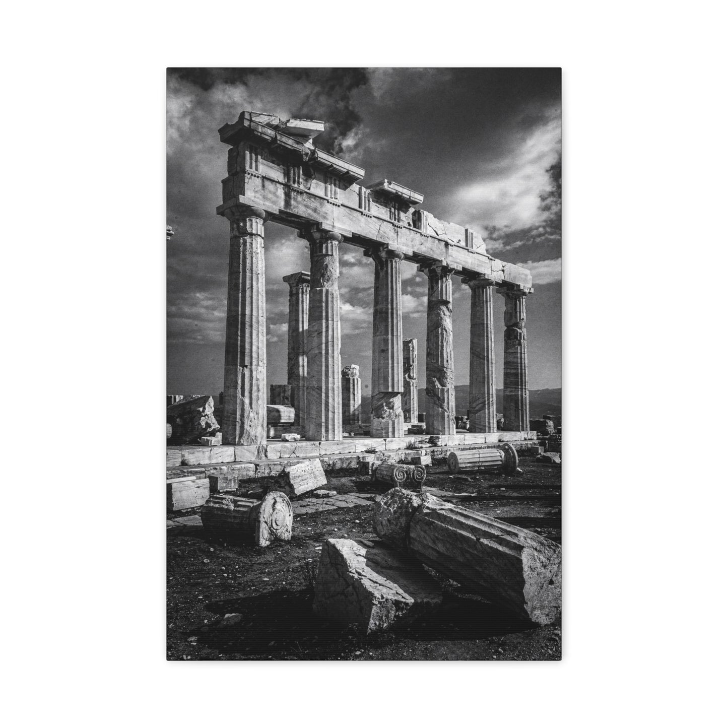 Ancient Greek Temple Ruins Canvas Wall Art - Black And White Architectural Art Print, Dramatic Sky, Vintage Classical Style - Living Room Wall Decor, Office Art Accent - Modern Farmhouse Style