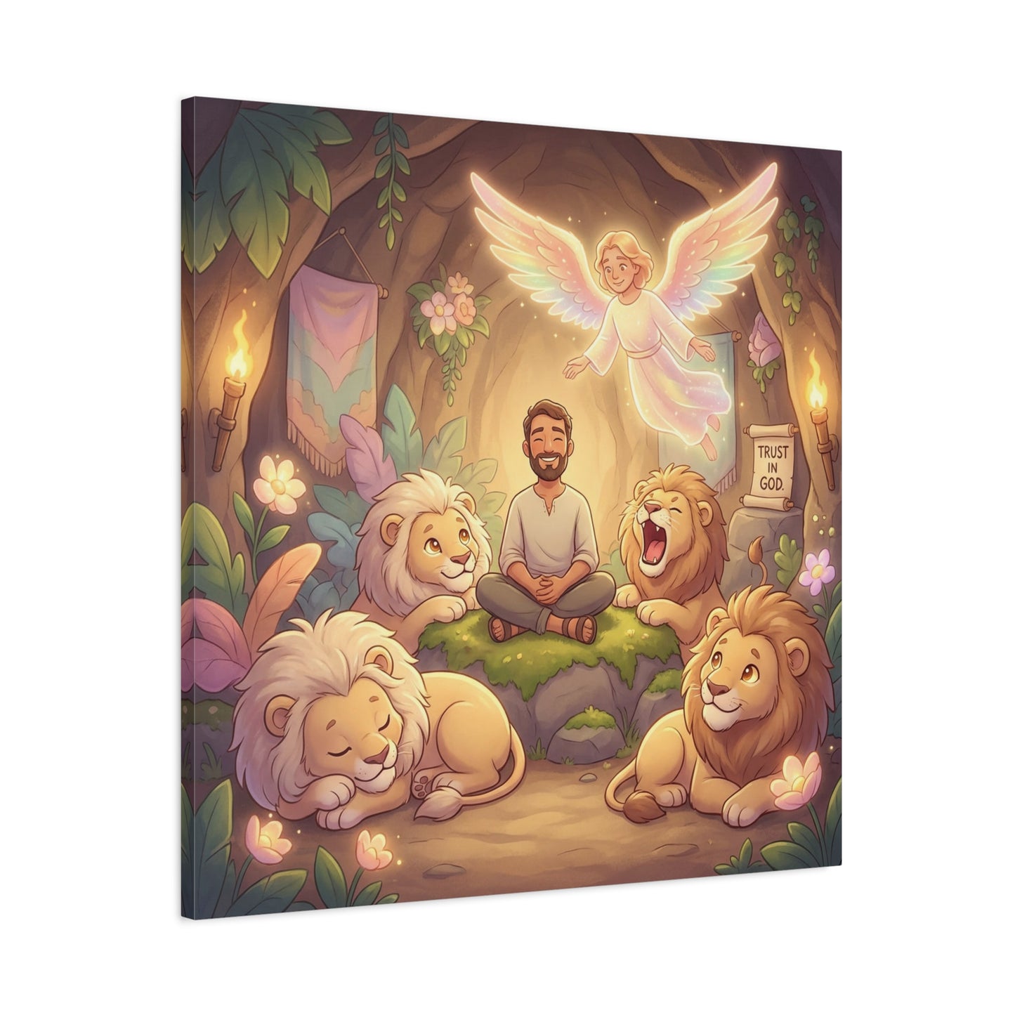 "Trust In God" Christian Canvas Wall Art - Angel, Man With Lions Cave Scene - Pastel Nursery Decor, Matte Cotton Print - Kids Bedroom Wall Decor, Playroom Home Decoration - Ready to Hang