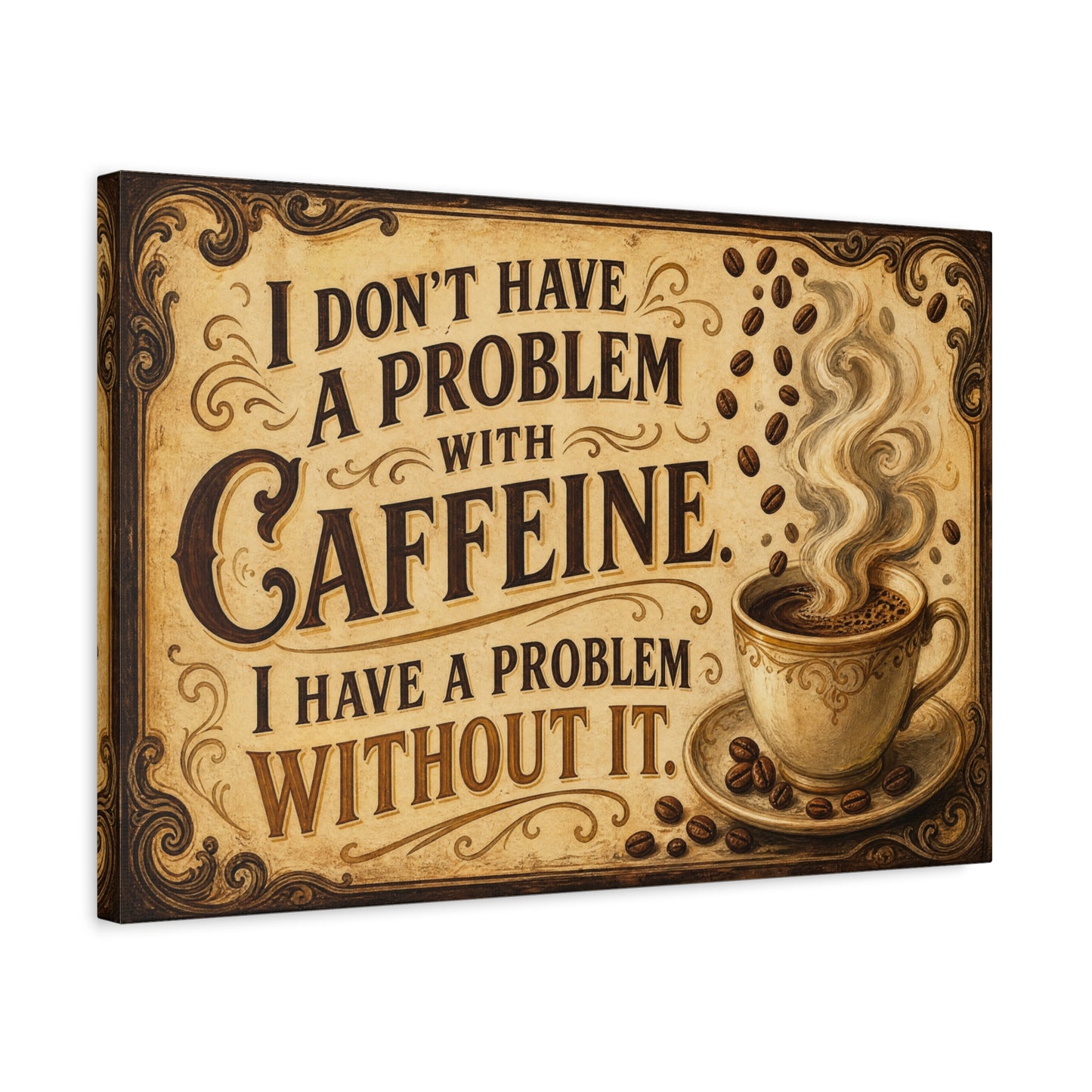 "I Don't Have A Problem With Caffeine. I Have A Problem Without It." Coffee Canvas Wall Art - Vintage Typography Decor, Rustic Cafe Style, Farmhouse Accent - Coffee Shop Decor - Cafe Wall Art